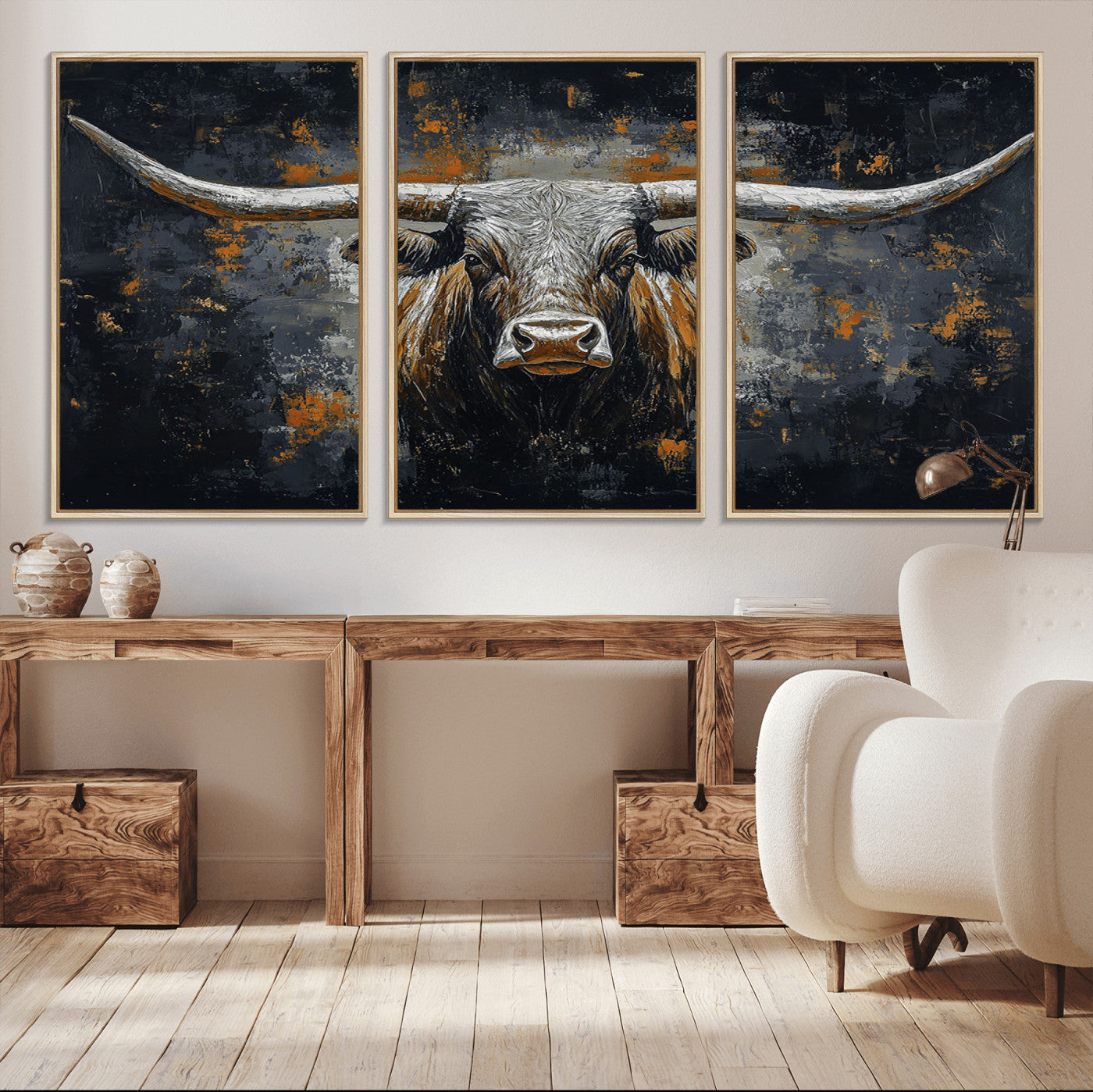 93195031-MGV-FC-60X30-3P_Natural-Rustic Longhorn Bull Wall Art Canvas Print – Vintage Western Cattle Scene, Texas Steer Artwork for Home, Office