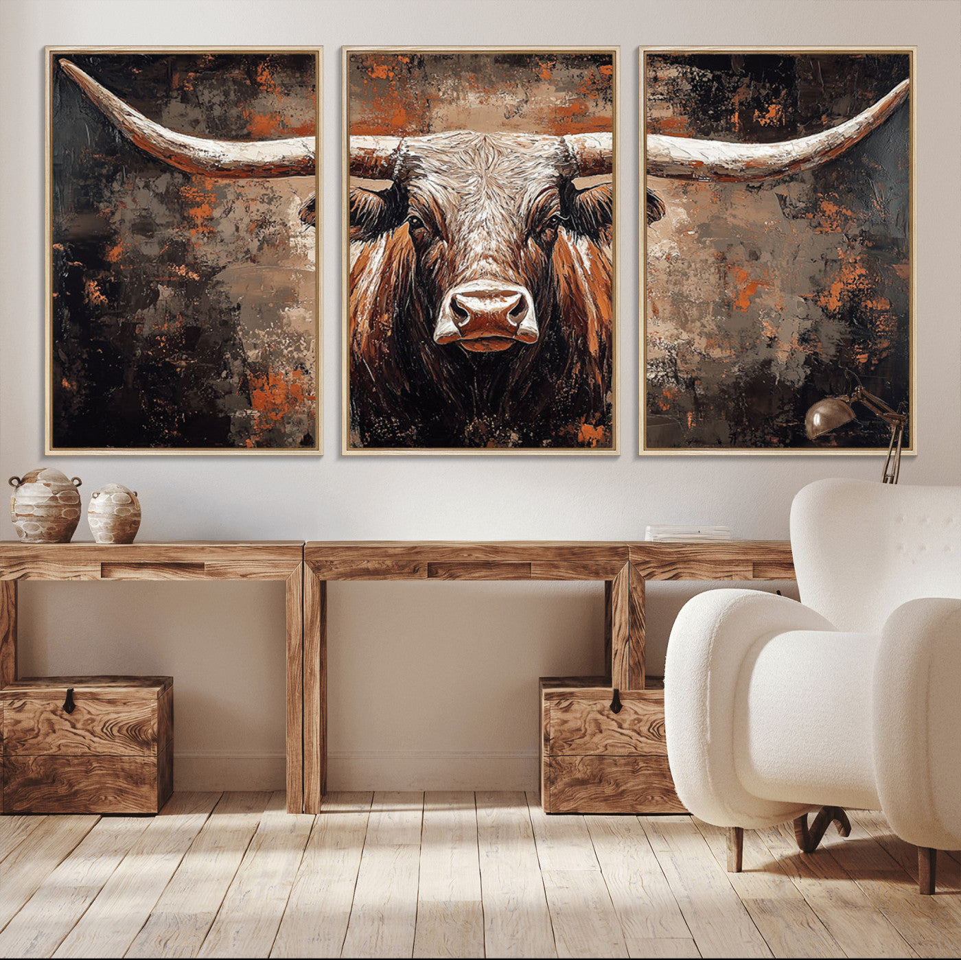 42732393-MGV-CV-36X24-Rustic Longhorn Bull Wall Art Canvas Print – Vintage Western Cattle Scene, Texas Steer Artwork for Home, Office