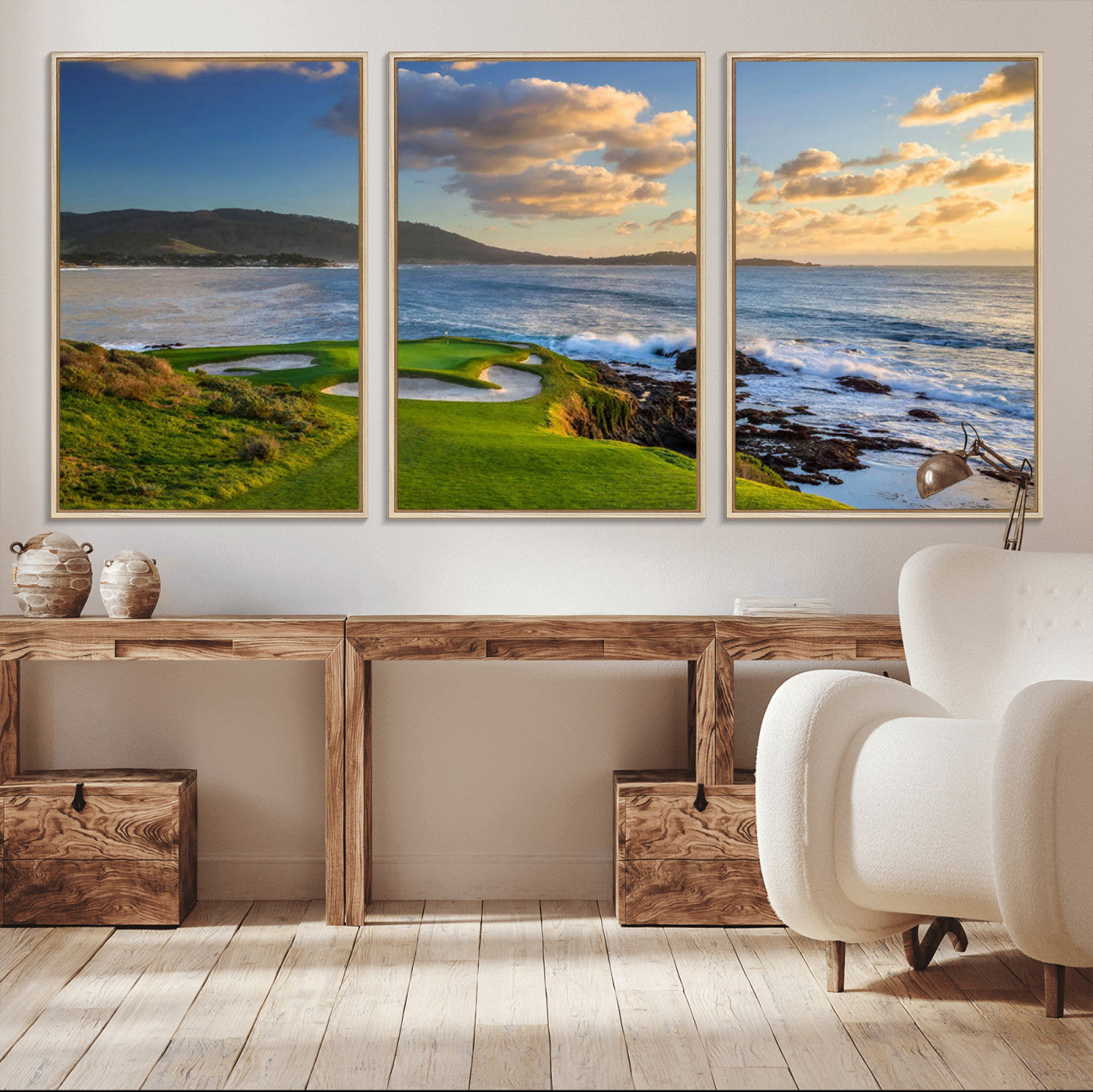 50107048-MGV-FC-60X30-3P_Natural-Pebble Beach Golf Links Wall Art Canvas Print – Iconic Coastal Golf Course Artwork for Home, Office, Living Room