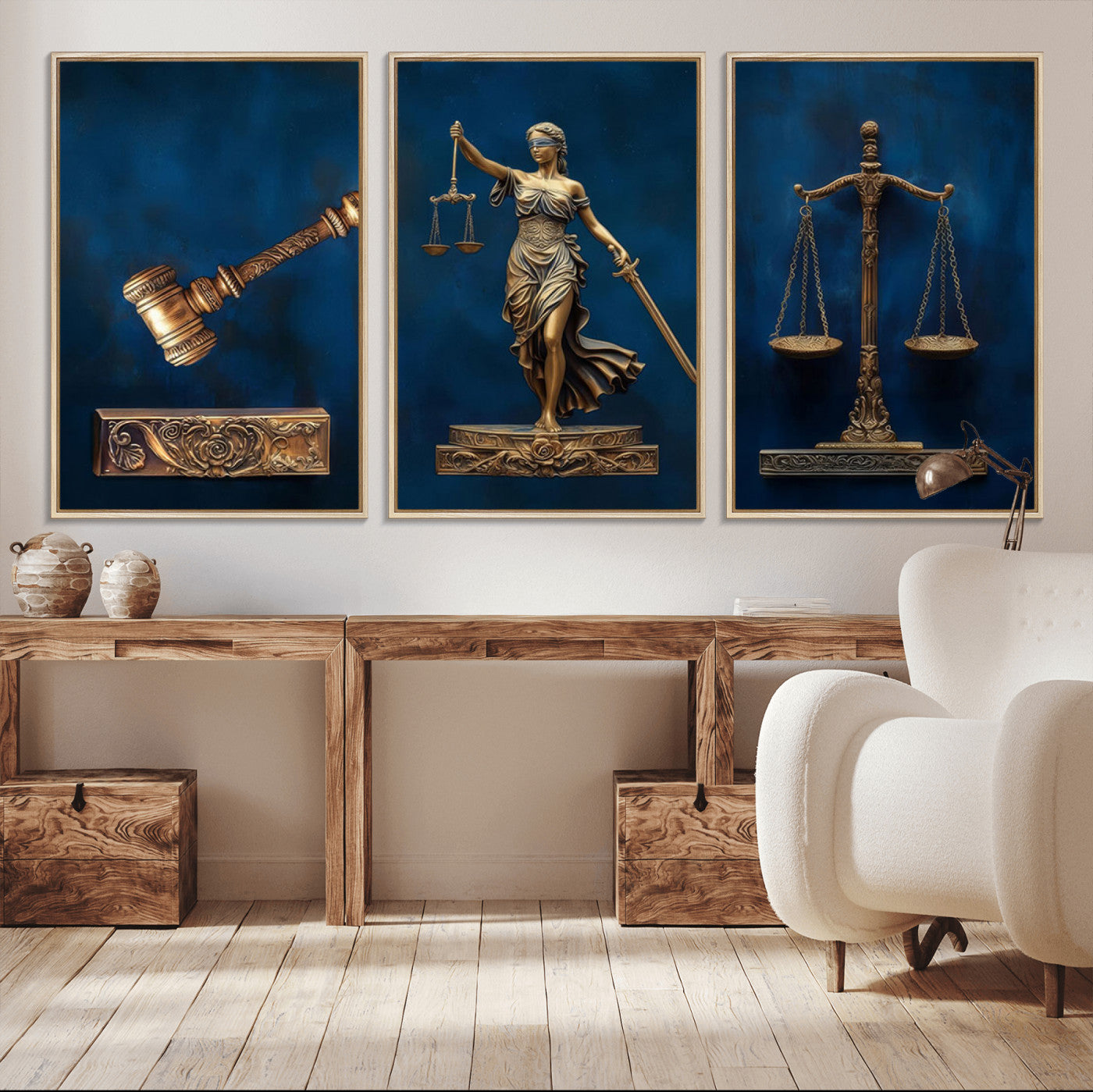 91629053-MGV-CV-36X24-Lady Justice Wall Art Canvas Print – Elegant Gold Legal Symbols Blue Background Artwork for Home, Office, Living Room