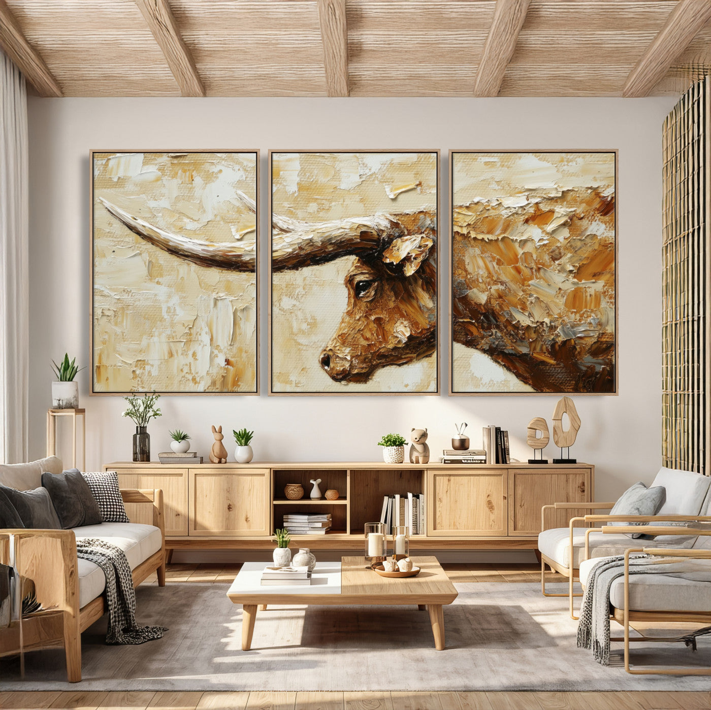 69611428-MGV-CV-36X24 - Rustic Longhorn Bull Wall Art Canvas Print – Vintage Western Cattle Painting, Texas Abstract Wall Cow Prints