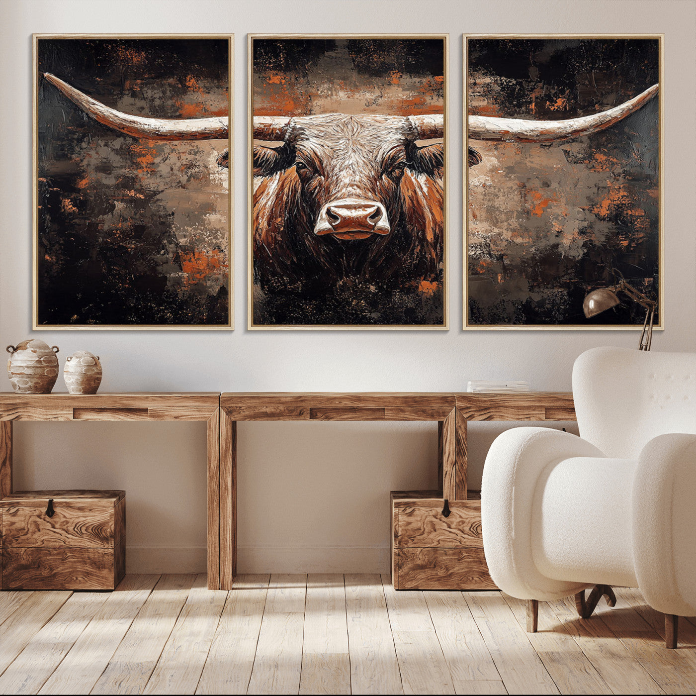 MGV-FC-60X30-3P - Rustic Longhorn Bull Wall Art Canvas Print – Vintage Western Cattle Painting, Texas Steer Artwork Print