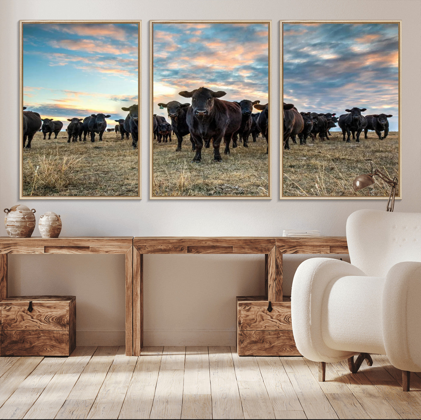 MGV-FC-60X30-3P - Texas Longhorn Cattle Wall Art Canvas Print – Rustic Western Ranch Scene with Steers at Sunset,
