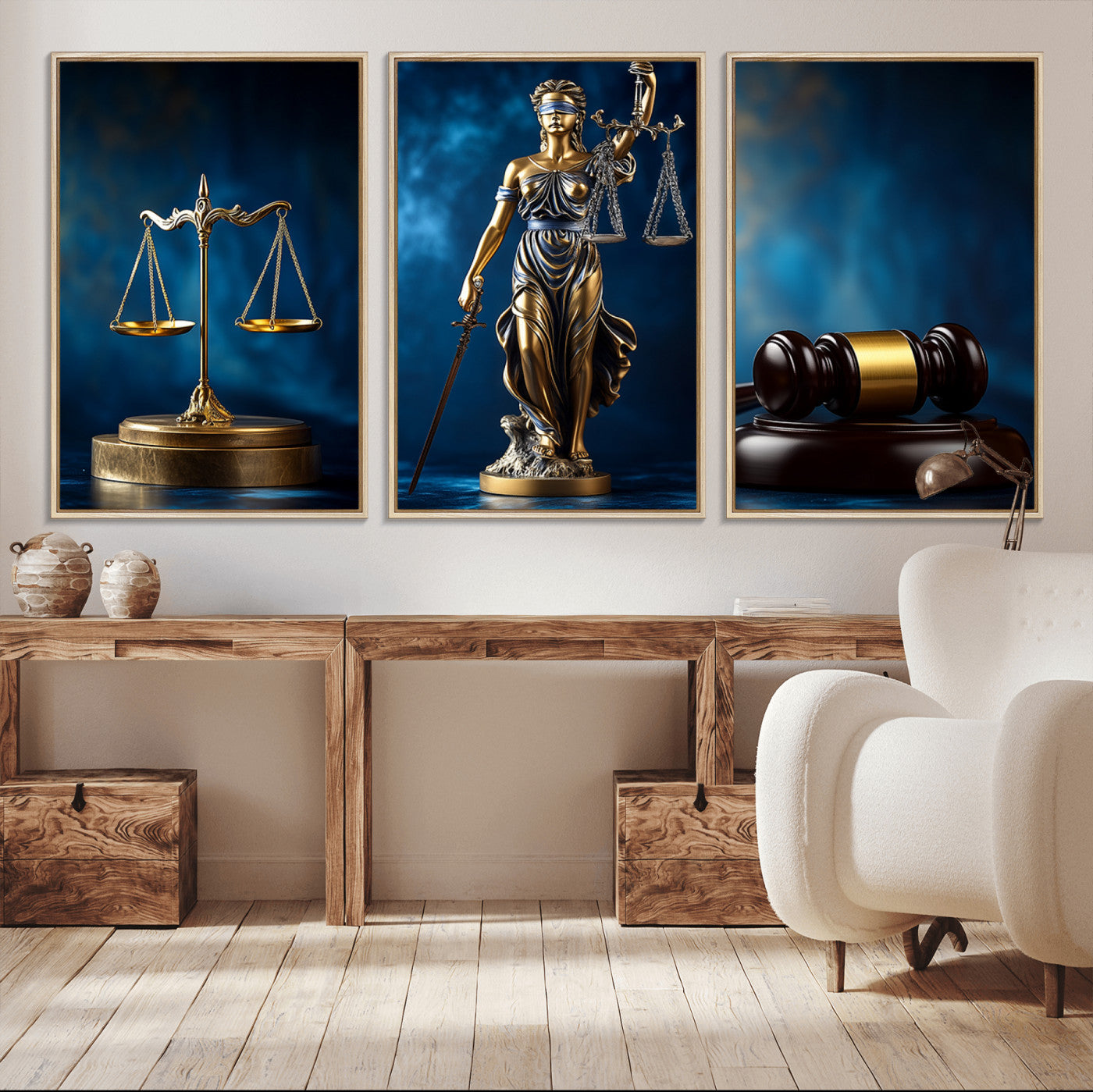 33888279-MGV-FP-36X24-3P_Walnut-Lady Justice Wall Art Canvas Print – Elegant Gold Legal Symbols Blue Background, Perfect for Law