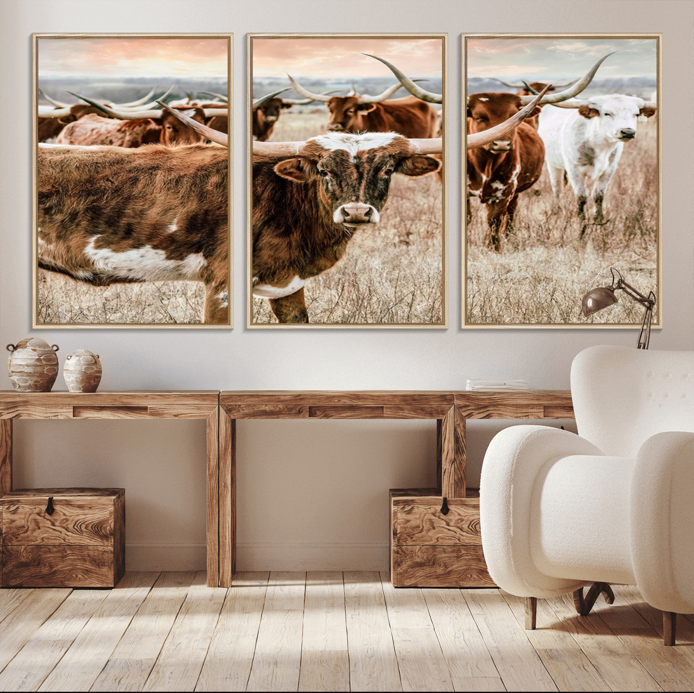 MGV-FC-60X30-3P - Texas Longhorn Cattle Wall Art Canvas Print – Rustic Western Ranch Scene with Steers at Sunset,