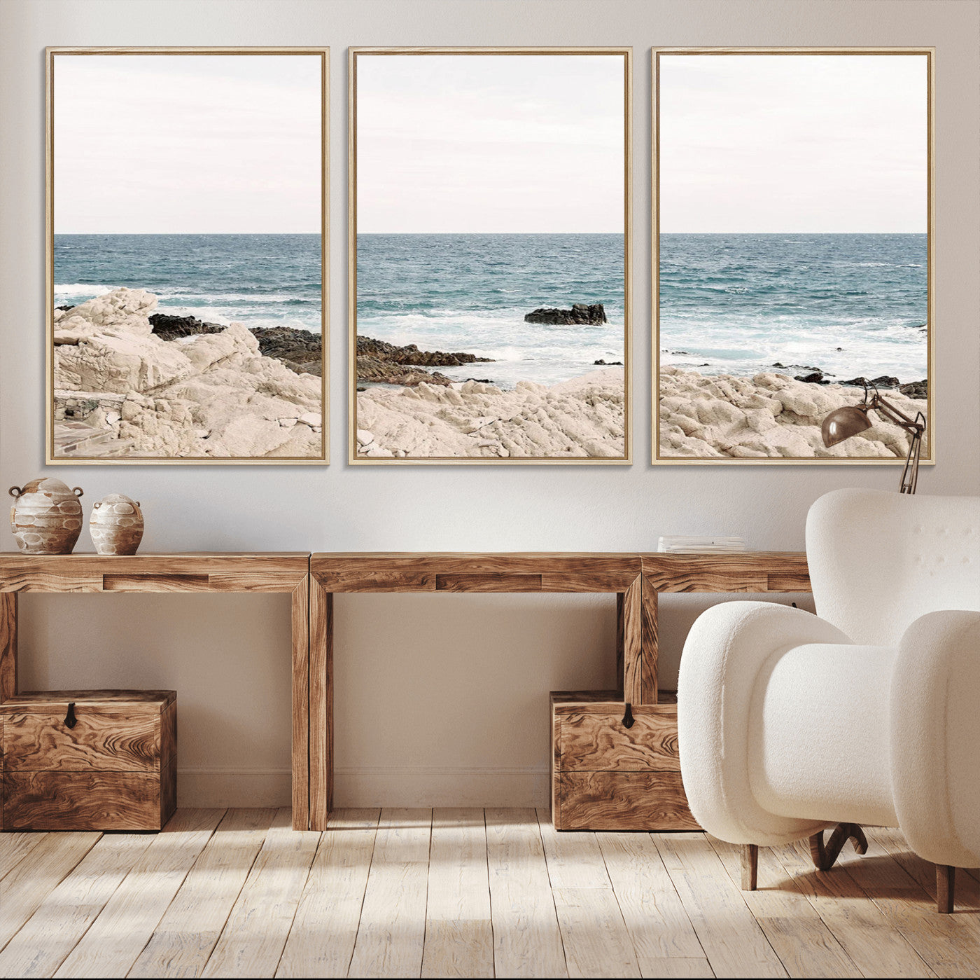 25481980-MGV-CV-36X24-Coastal Ocean View Wall Art Canvas Print – Serene Rocky Shoreline and Blue Sea Photography for Coastal Chic or Minimalist Home Decor