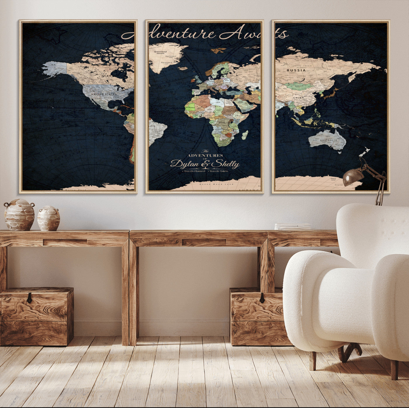 43186793-MGV-CV-30X20-Personalized World Map Print, Customizable Push Pin Framed World Map Print on Canvas - Custom Quote on Map Print