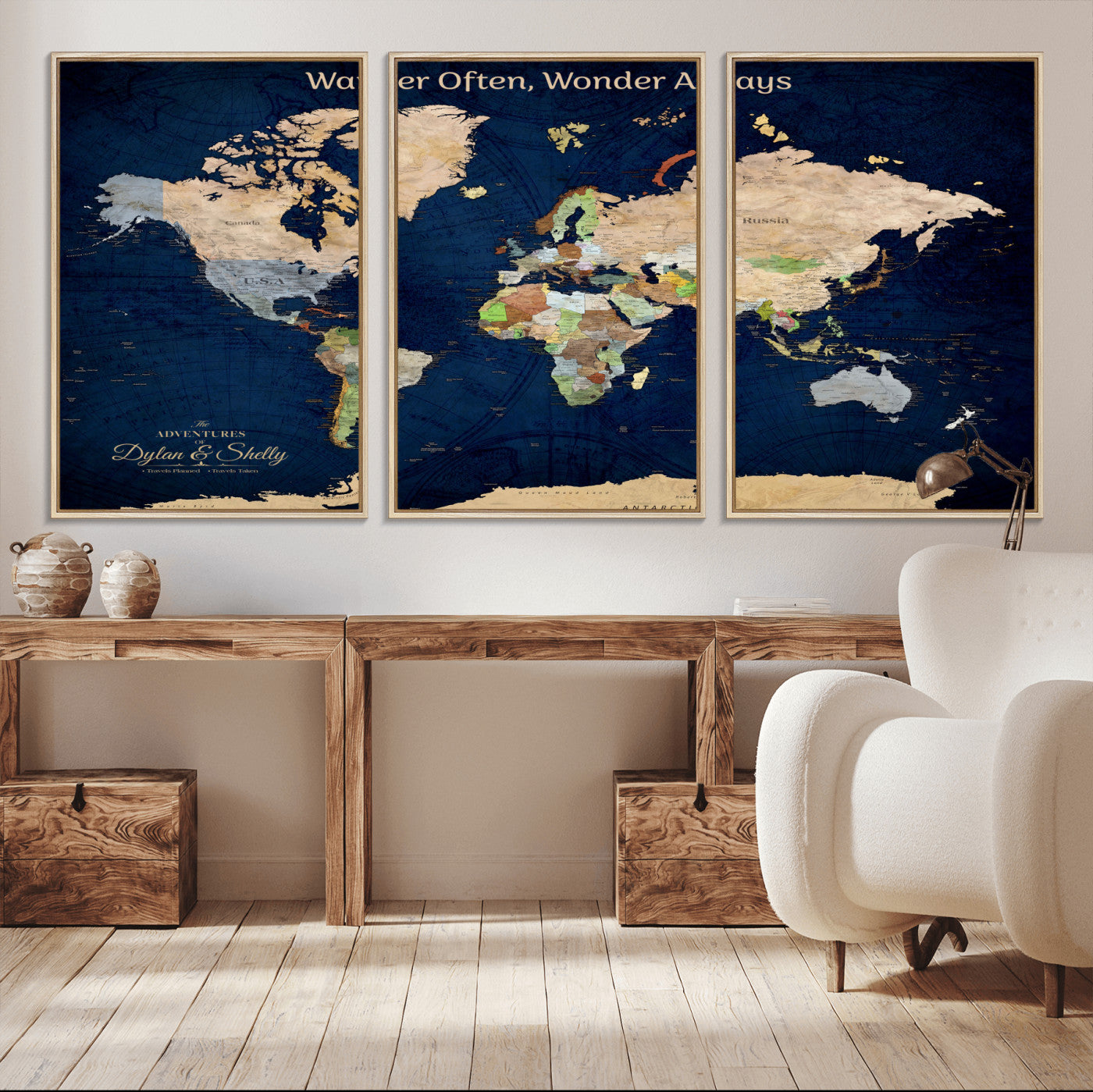 Rehber01-MGV-CV-36X24-Personalized World Map Canvas – Custom Framed Push Pin Travel Map Wall Art, Navy Blue Vintage Gift for Couples and Adventurers