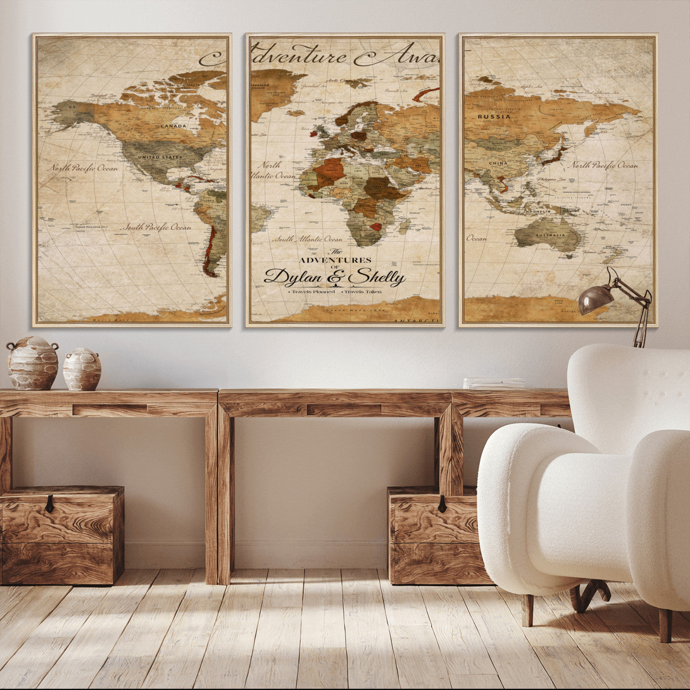 20810820-MGV-CV-30X20-Personalized World Map Print, Customizable Push Pin Framed World Map Print on Canvas - Custom Quote on Map Print