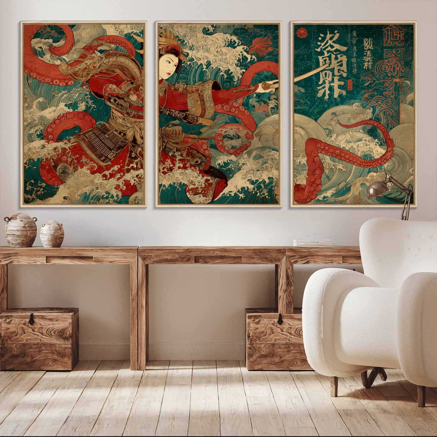 MGV-FC-60X30-3P - Tsukioka Yoshitoshi Samurai Wall Art Print, Japanese Katana Warrior Canvas Wall Art, Octopus Sea Monster Canvas Print,