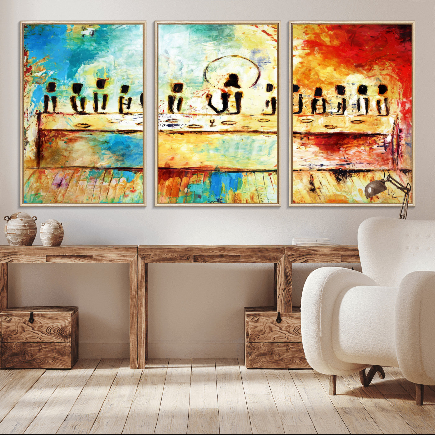 YKE34632598CR-MGV-CV-36X24-Abstract Last Supper Wall Art Canvas Print – Apostles Gathering Modern Spiritual Colorful Artwork for home, office