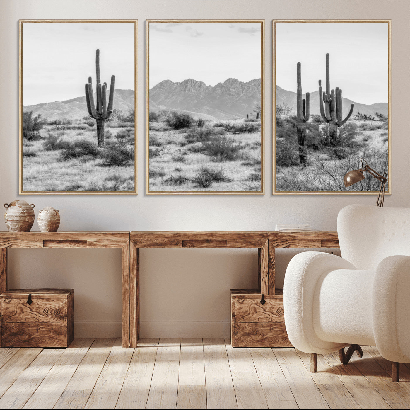 MGV-FC-60X30-3P - Black White Arizona Desert Canvas Wall Art Cactus Farmhouse Wall Art