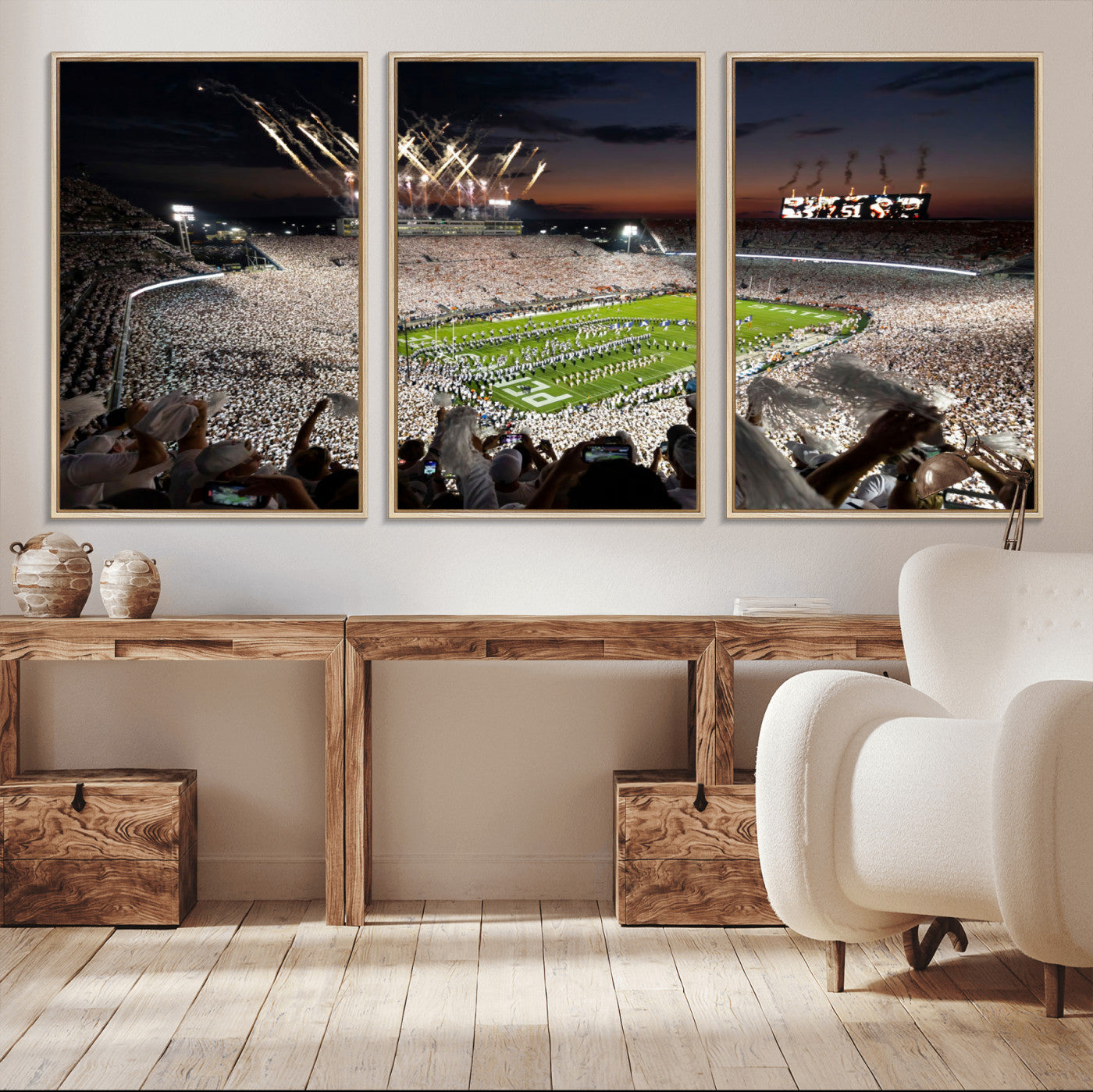 Penn State Stadium Wall Art Print, White Out Football Game Canvas Wall Art, Framed Sports Stadium, Large College Football Canvas Print for Game Room - Man Cave + 555