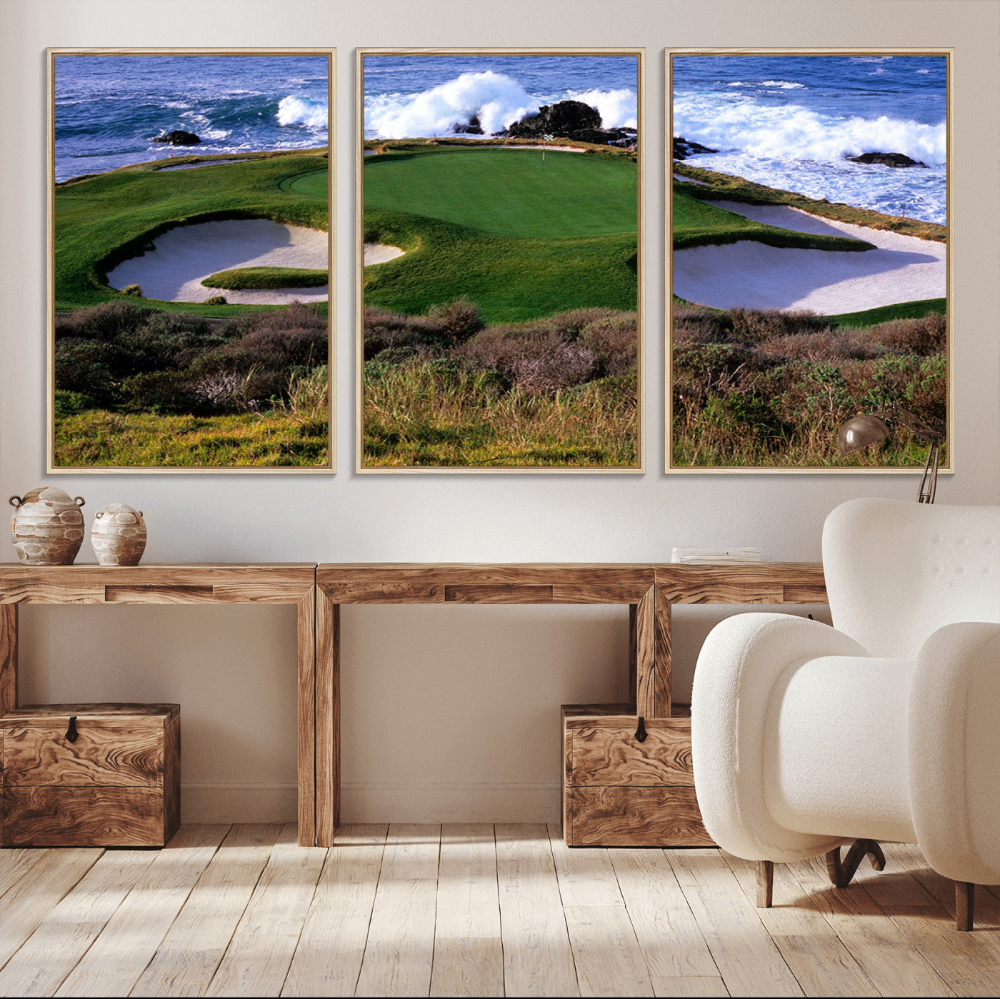 22776914-MGV-FC-60X30-3P_Natural-Ocean Cliff Golf Green Canvas Print – Framed Majestic Coastal Scene with Lush Green Artwork for Home, Office
