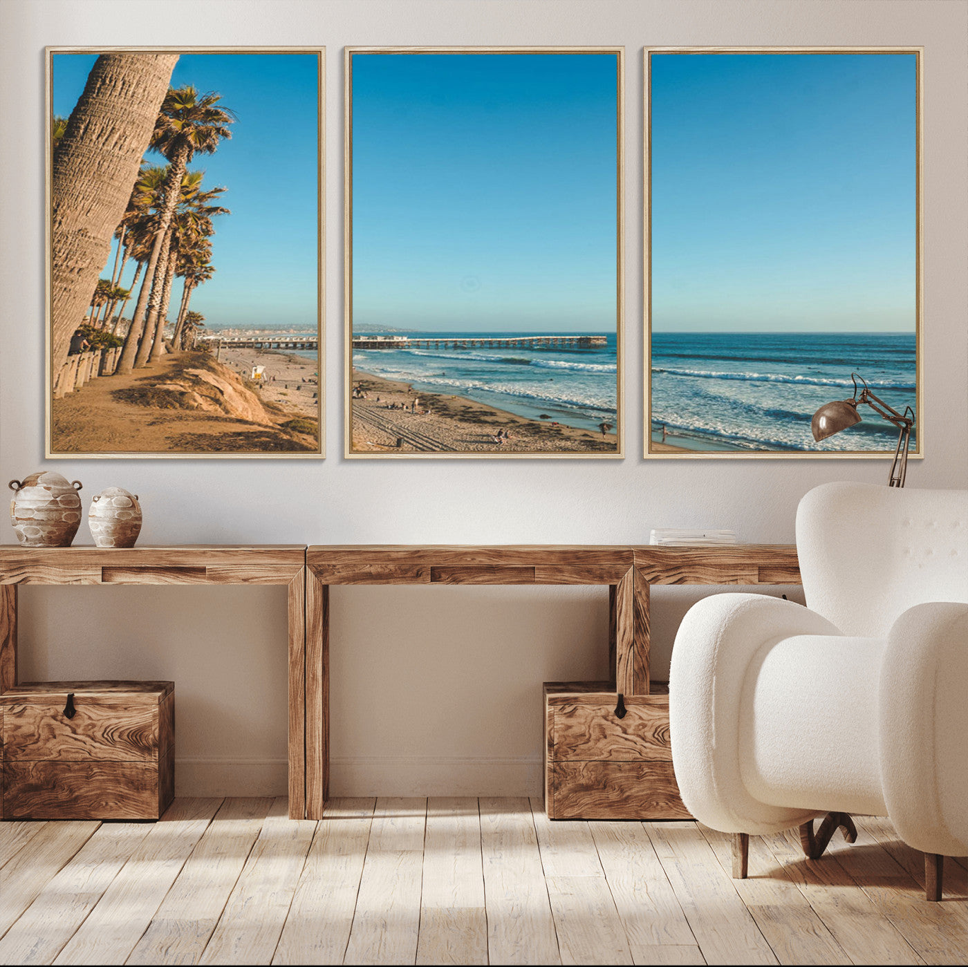 MGV-FC-60X30-3P - Scenic Beach with Tall Palm Trees, Sandy Shore, and Long Pier Stretching into the Calm Ocean Under
