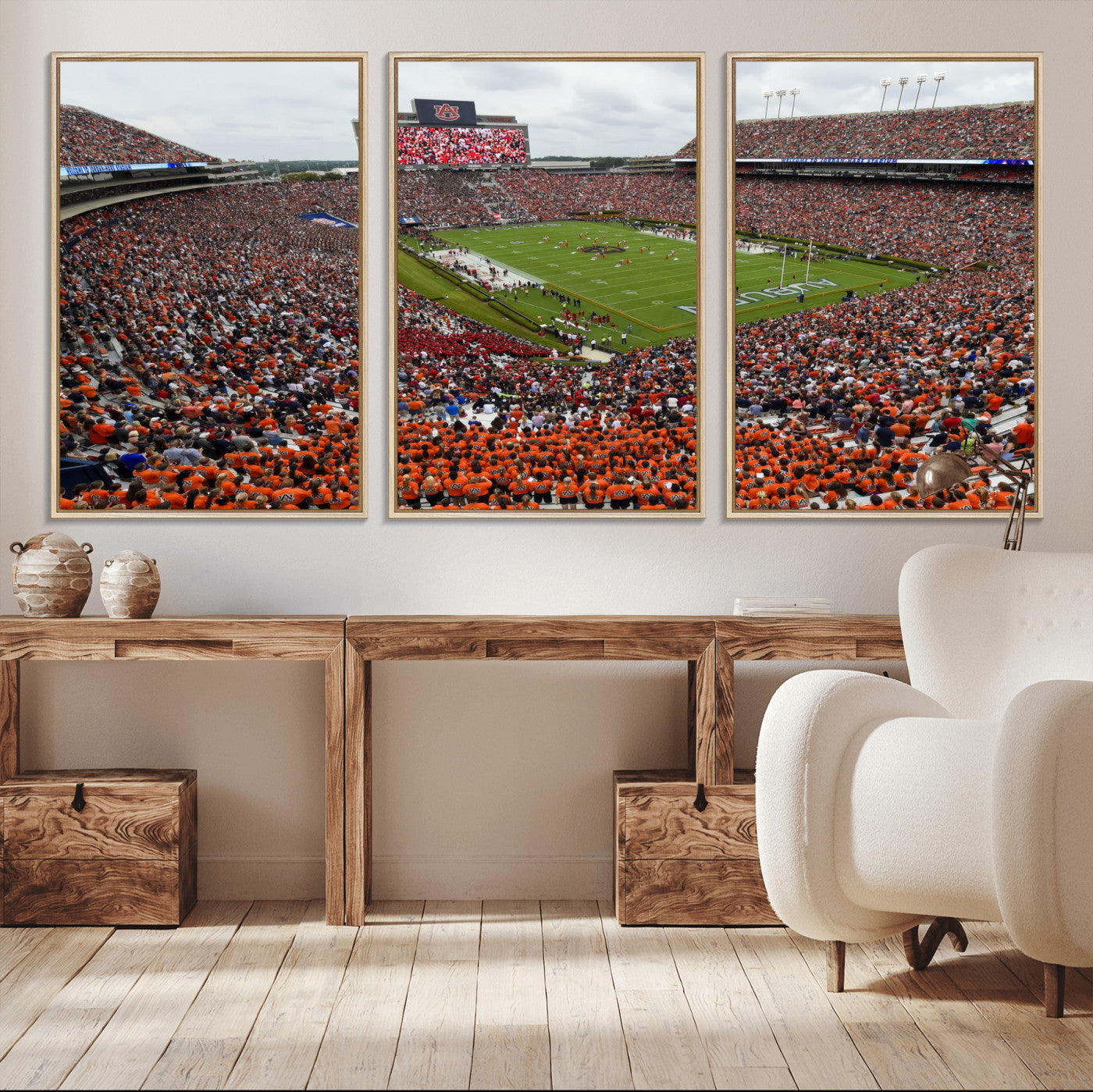39597998-MGV-FC-60X30-3P_Natural-Jordan-Hare Stadium Wall Art Canvas Print, College Sports Art for Man Cave or Game Room, Framed Alabama Football Decor