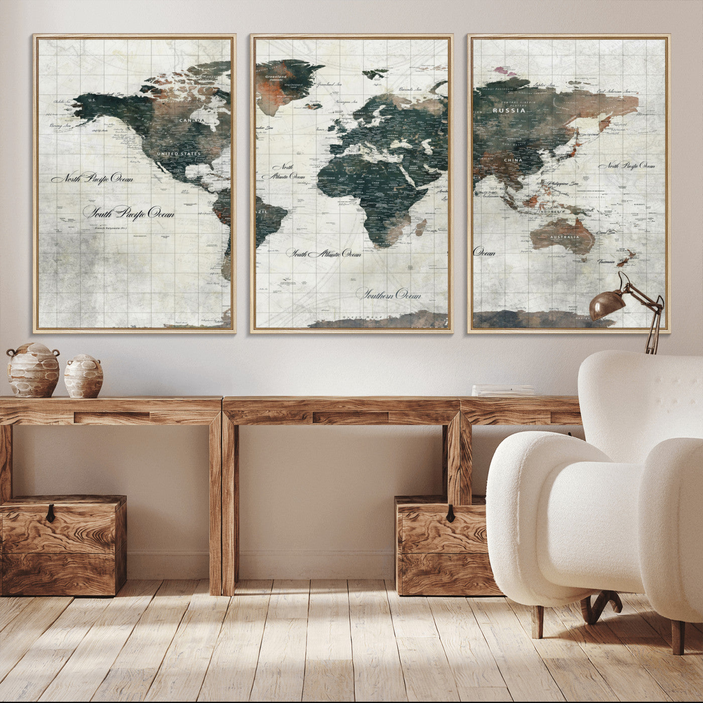 90149079-MGV-FC-60X30-3P - World Map Wall Art Canvas Print, Modern Decorative Framed Map Artwork Prints for Living Room, Office, Bedroom Wall Decor