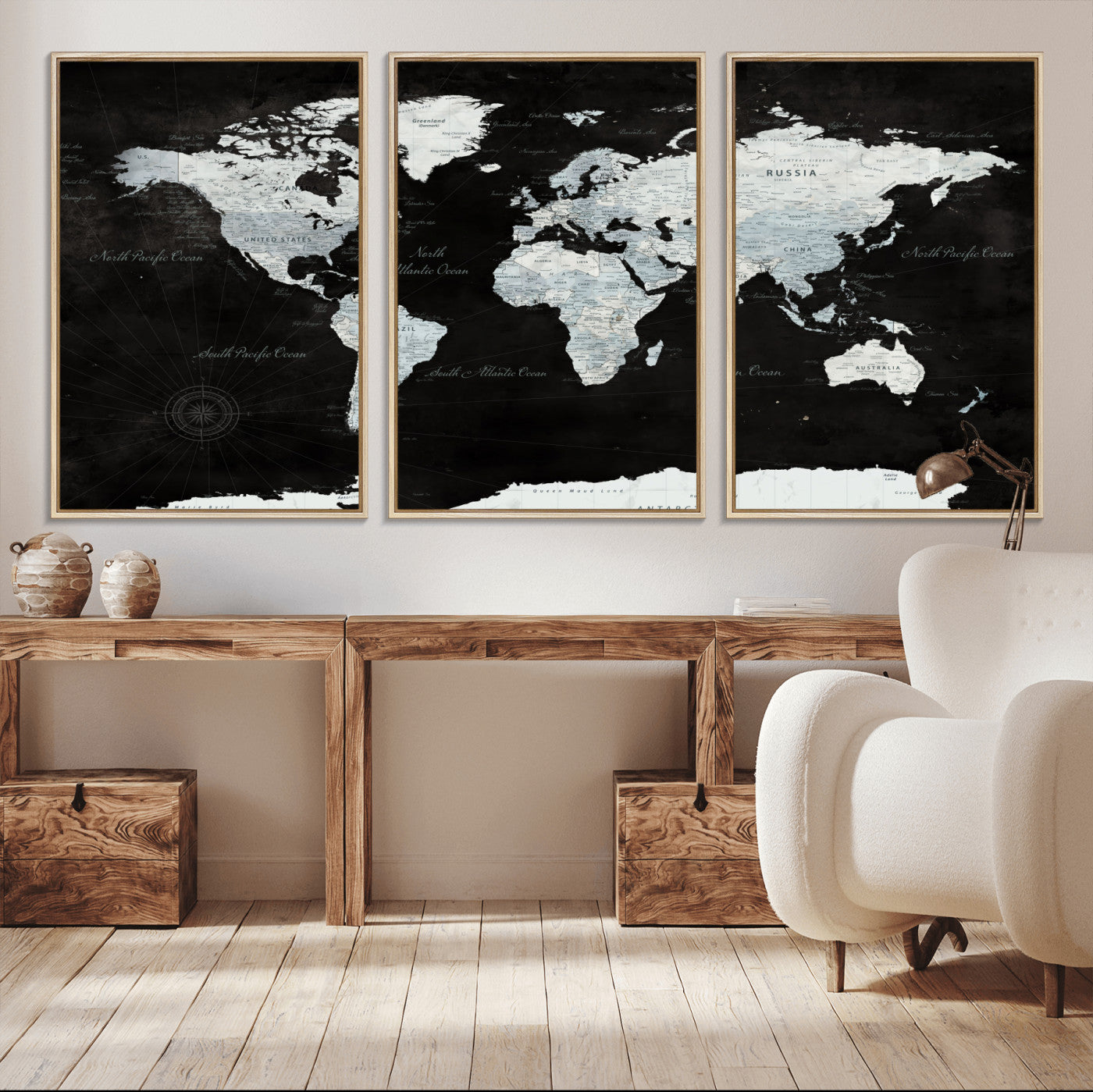 30759283-MGV-FC-60X30-3P - World Map Wall Art Canvas Print, Modern Decorative Framed Map Artwork Prints for Living Room, Office, Bedroom Wall Decor