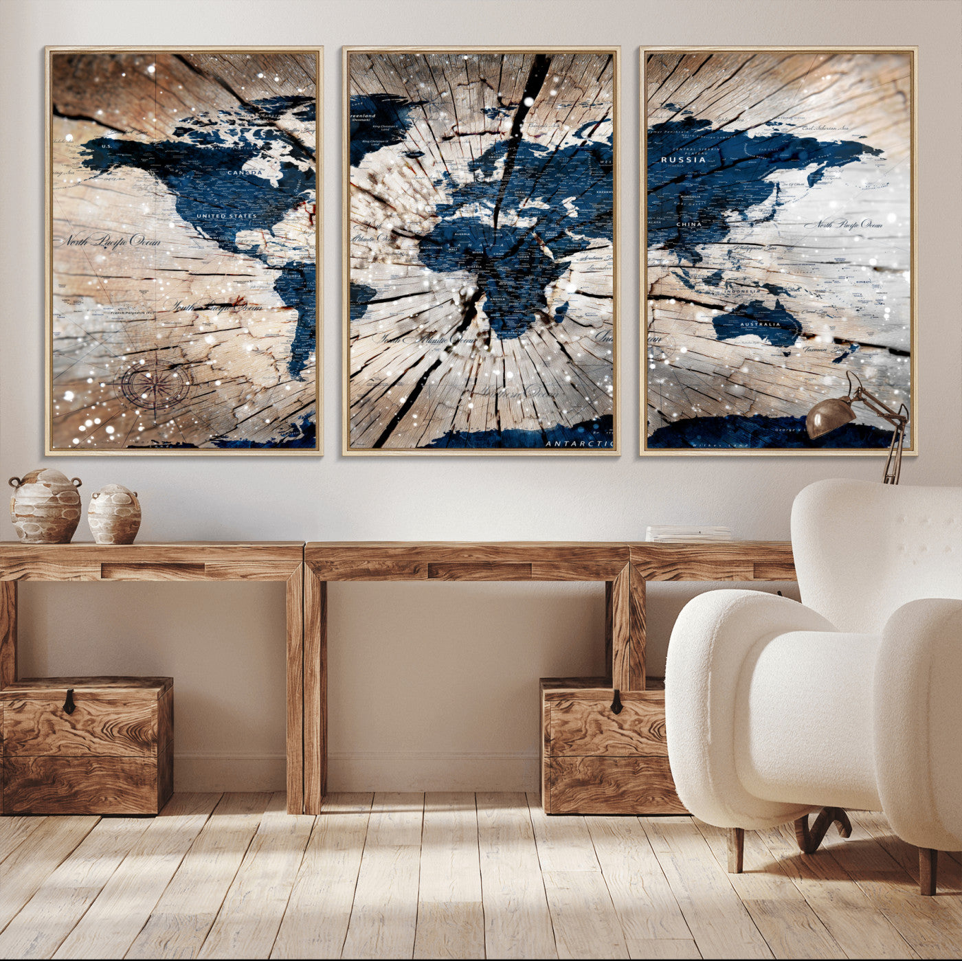 99001695-MGV-FC-60X30-3P - World Map Wall Art Canvas Print, Modern Decorative Framed Map Artwork Prints for Living Room, Office, Bedroom Wall Decor