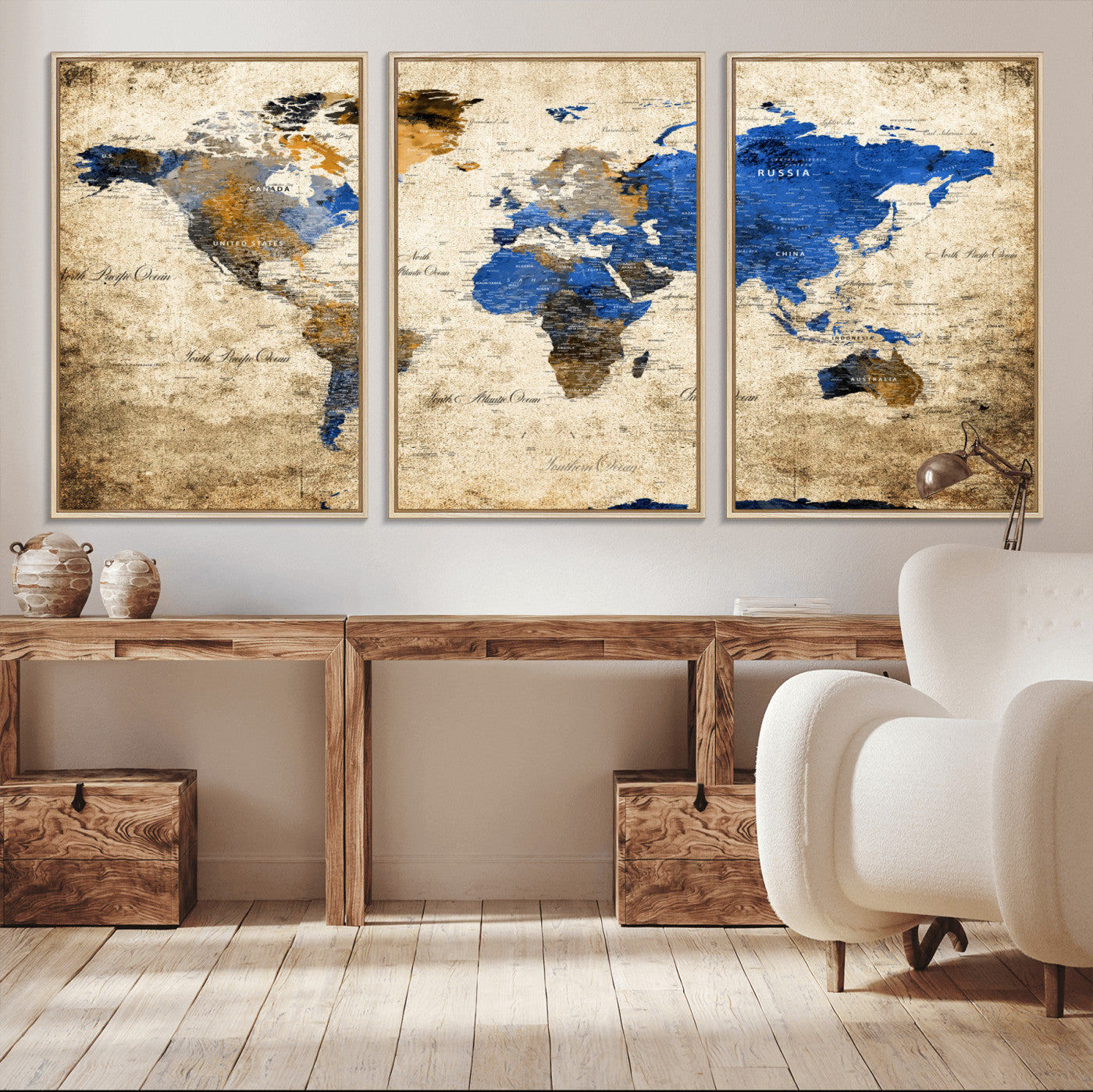 13564339-MGV-FC-60X30-3P - World Map Wall Art Canvas Print, Modern Decorative Framed Map Artwork Prints for Living Room, Office, Bedroom Wall Decor