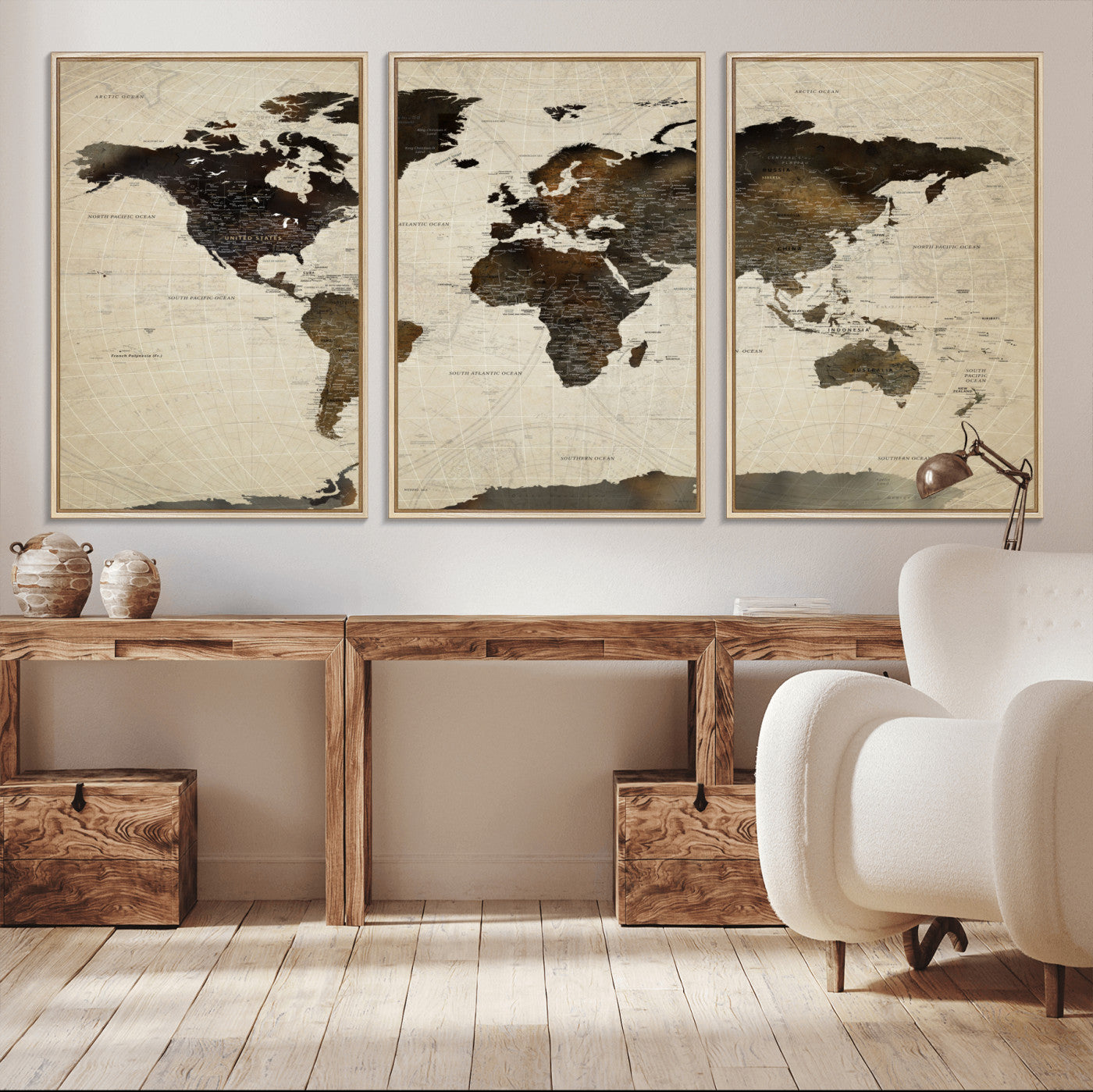 81771296-MGV-FC-60X30-3P - World Map Wall Art Canvas Print, Modern Decorative Framed Map Artwork Prints for Living Room, Office, Bedroom Wall Decor