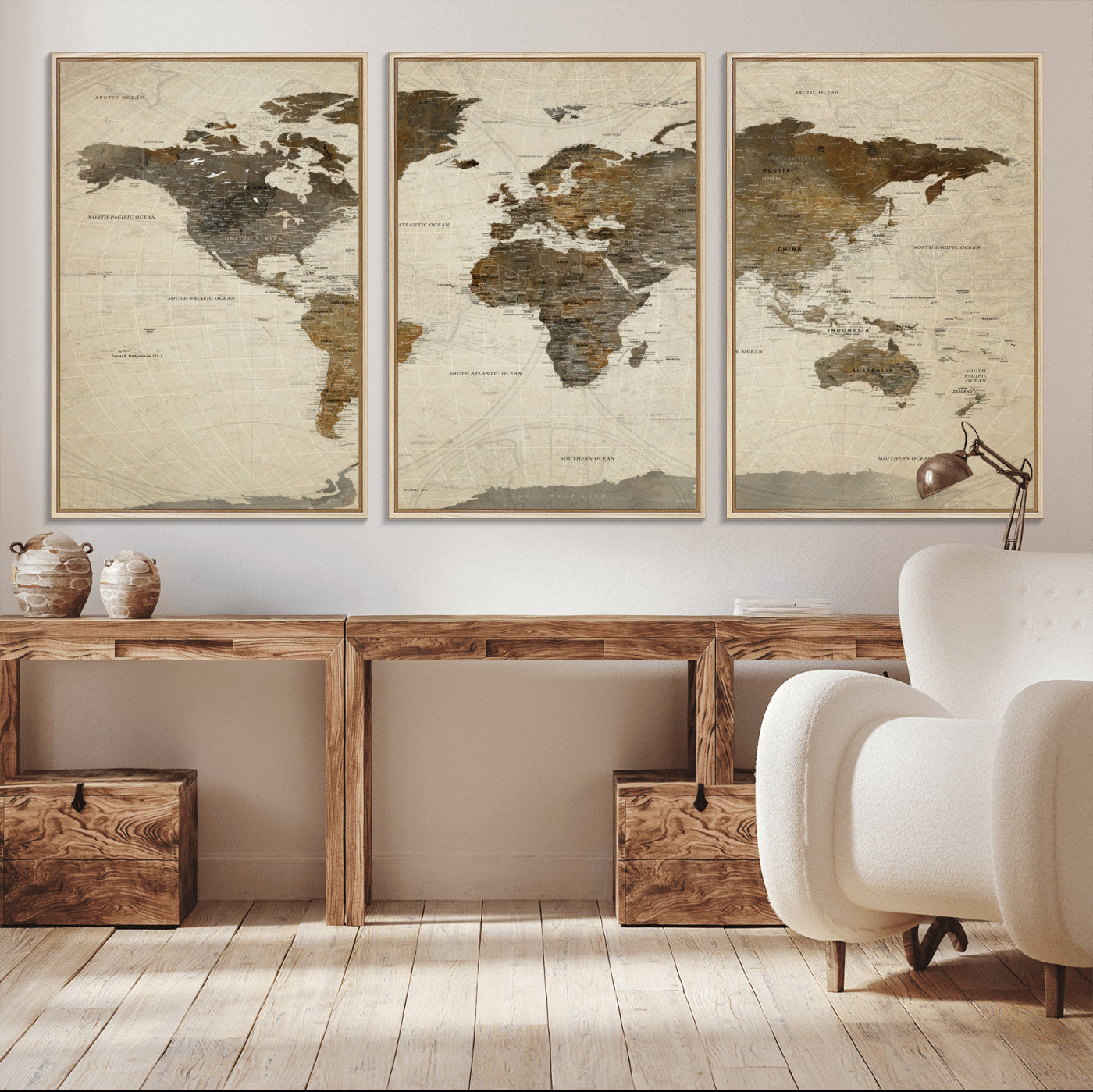 91849163-MGV-FC-60X30-3P - World Map Wall Art Canvas Print, Modern Decorative Framed Map Artwork Prints for Living Room, Office, Bedroom Wall Decor
