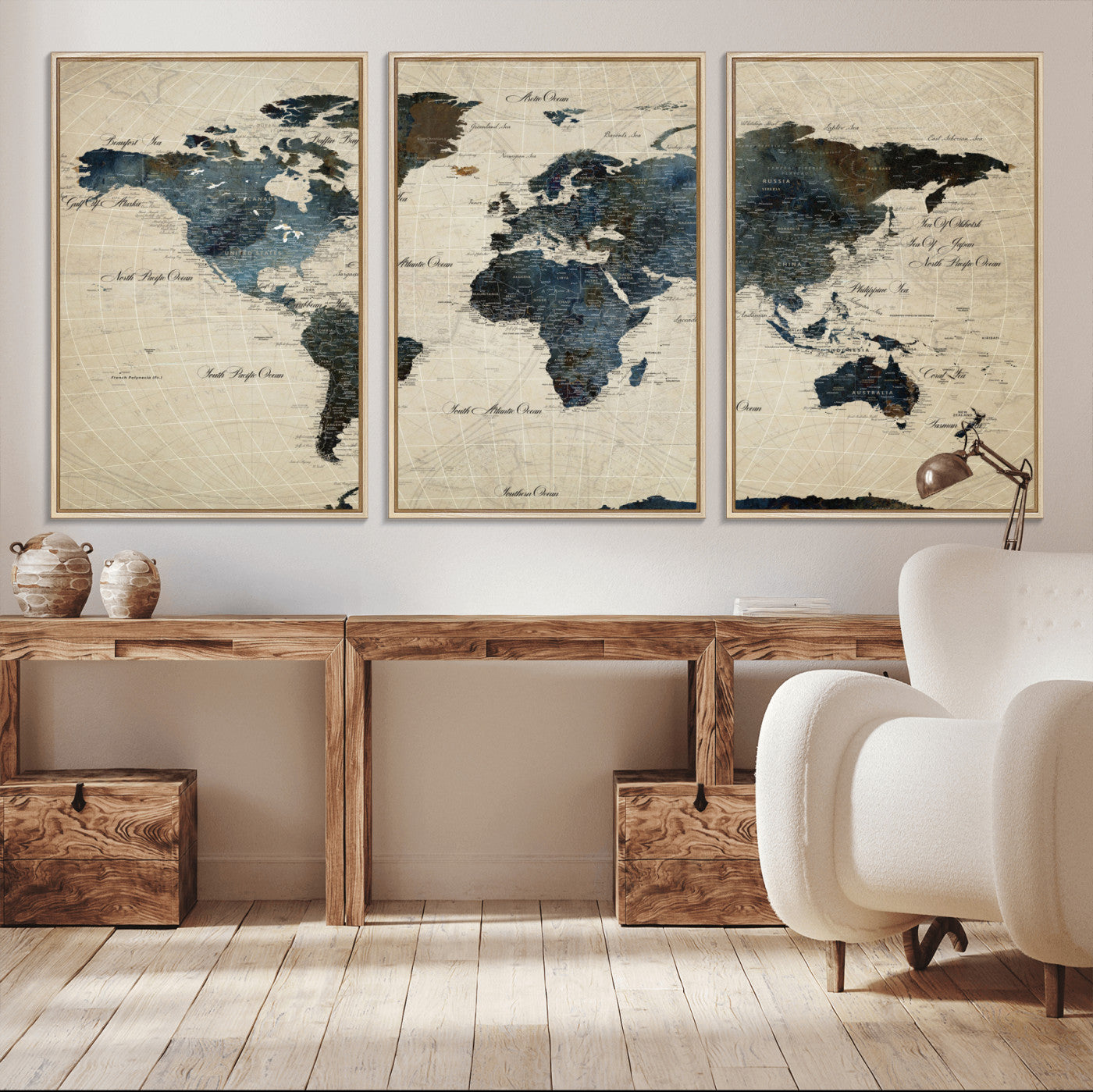 33438443-MGV-FC-60X30-3P - World Map Wall Art Canvas Print, Modern Decorative Framed Map Artwork Prints for Living Room, Office, Bedroom Wall Decor