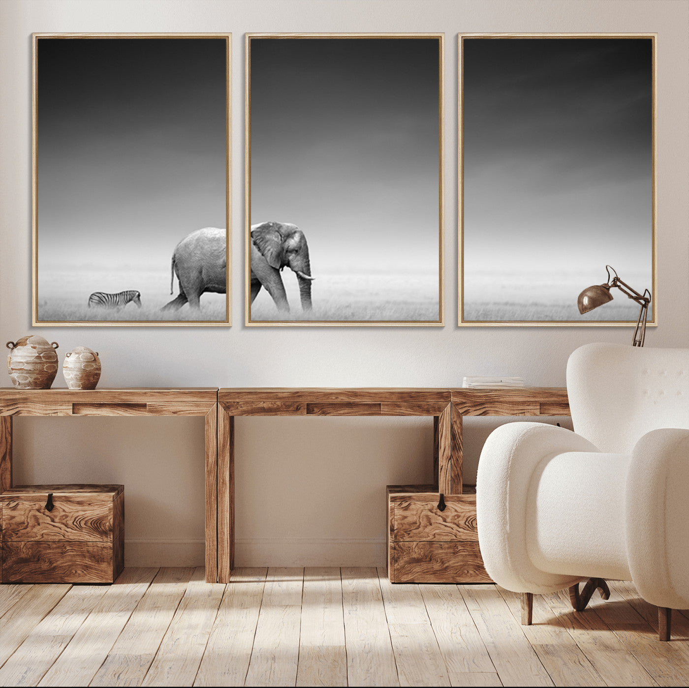 MGV-FC-60X30-3P - Elephand and Zebra Wall Art Canvas Print, Modern Artwork