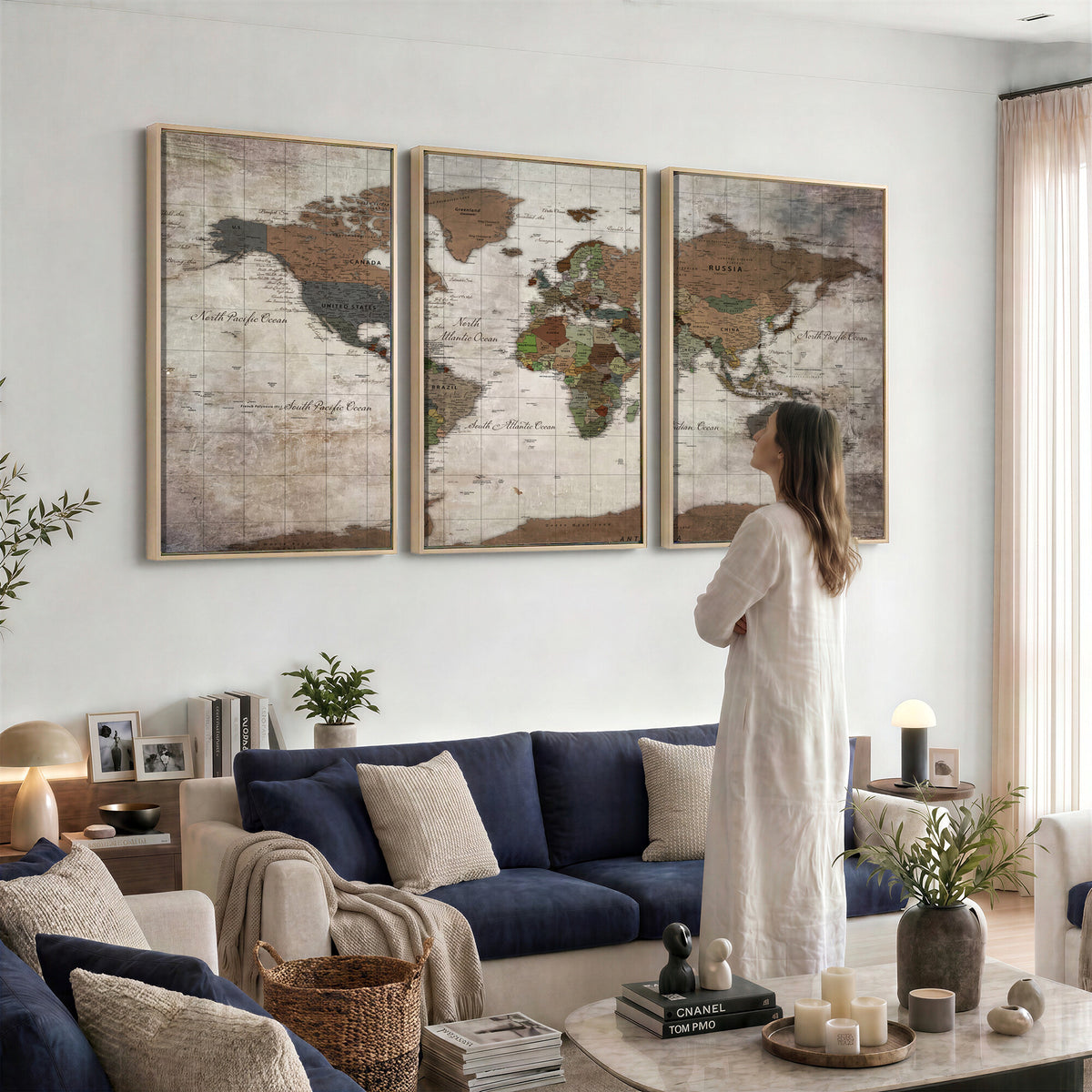65393892-MGV-CV-36X24 - World Map Wall Art Canvas Print, Modern Decorative Framed Map Artwork Prints for Living Room, Office, Bedroom Wall Decor