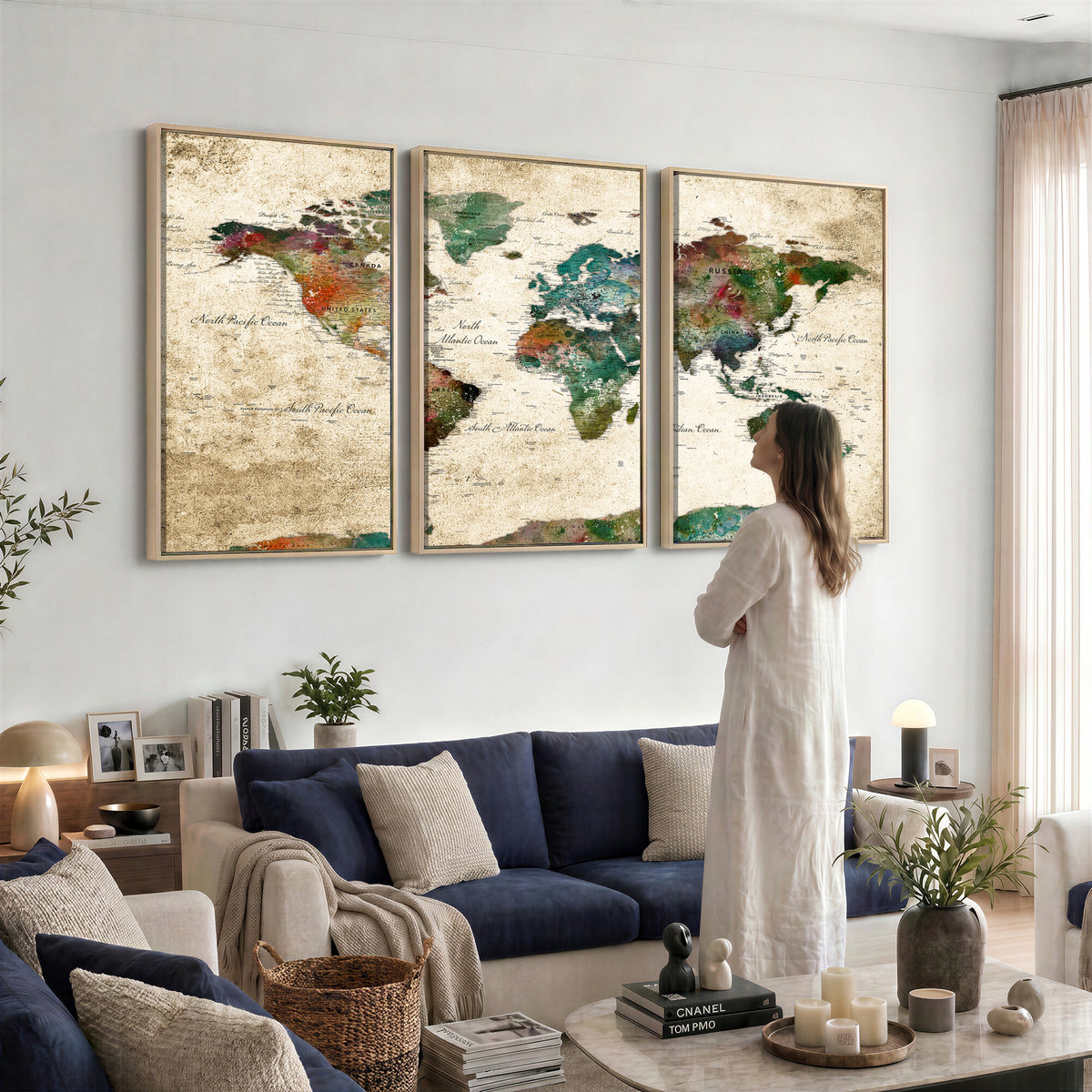 87544591-MGV-CV-36X24 - World Map Wall Art Canvas Print, Modern Decorative Framed Map Artwork Prints for Living Room, Office, Bedroom Wall Decor