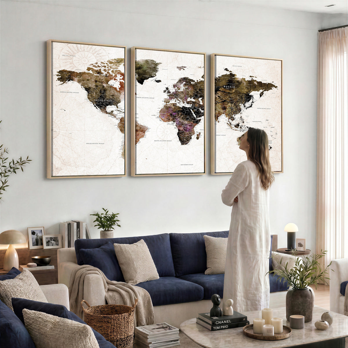 77651968-MGV-CV-36X24 - Watercolor World Map Print - Large Wall Art Canvas Print for