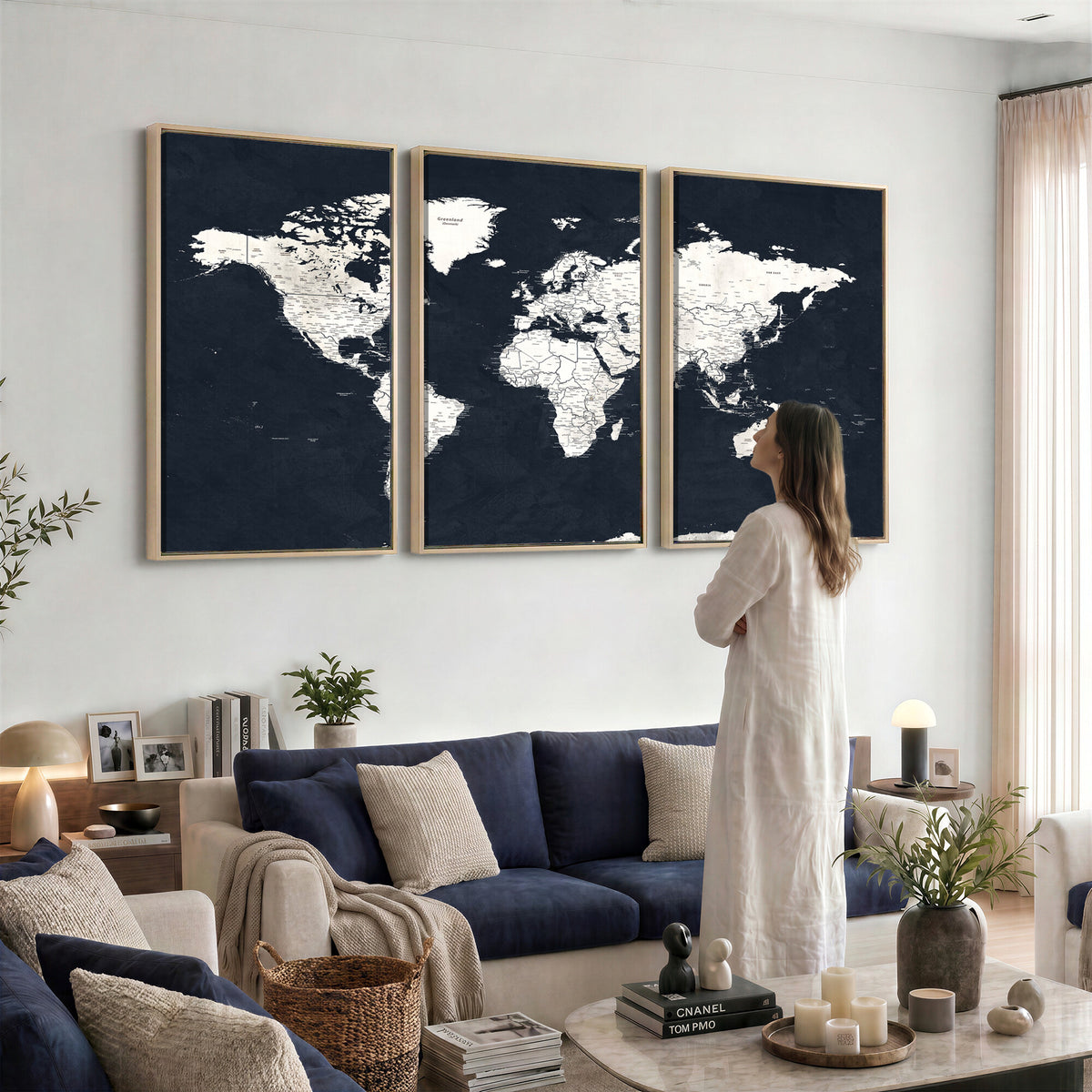 11963807-MGV-CV-36X24 - Black World Map Wall Art Canvas Print for Home Office and Meeting Room Decor