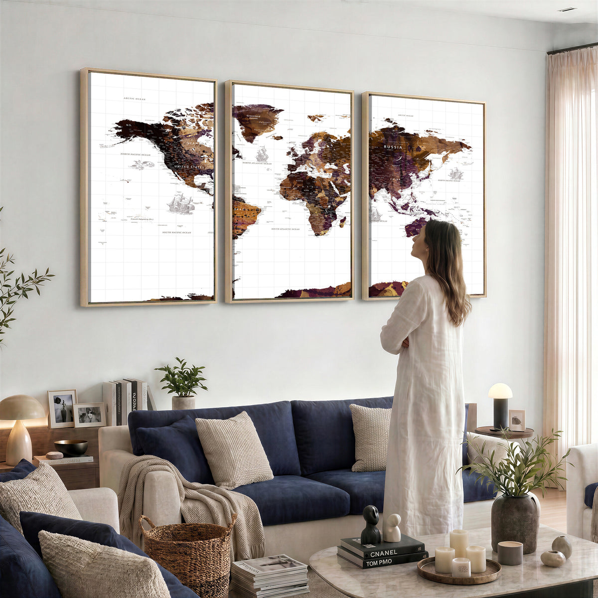 34792695-MGV-CV-36X24 - Rustic World Map Wall Art Canvas Print | Large Vintage Blue World Map on Wood Grain Style Background