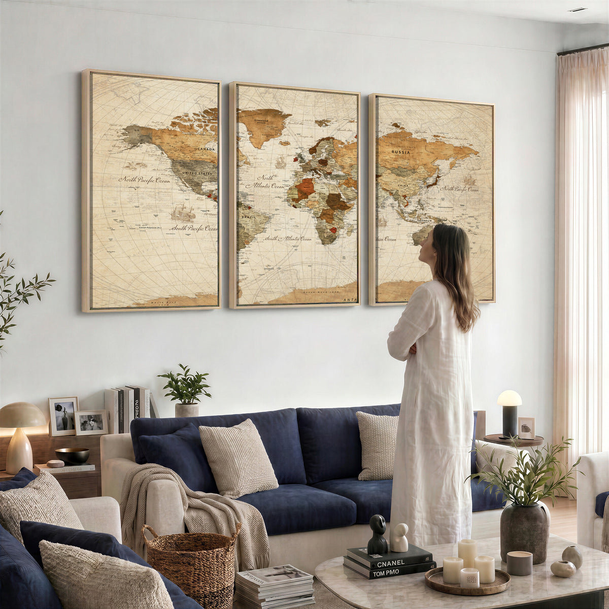 29684537-MGV-CV-36X24 - Vintage World Map Canvas Print, Framed Rustic Detailed Map of the World, Explorer Decor