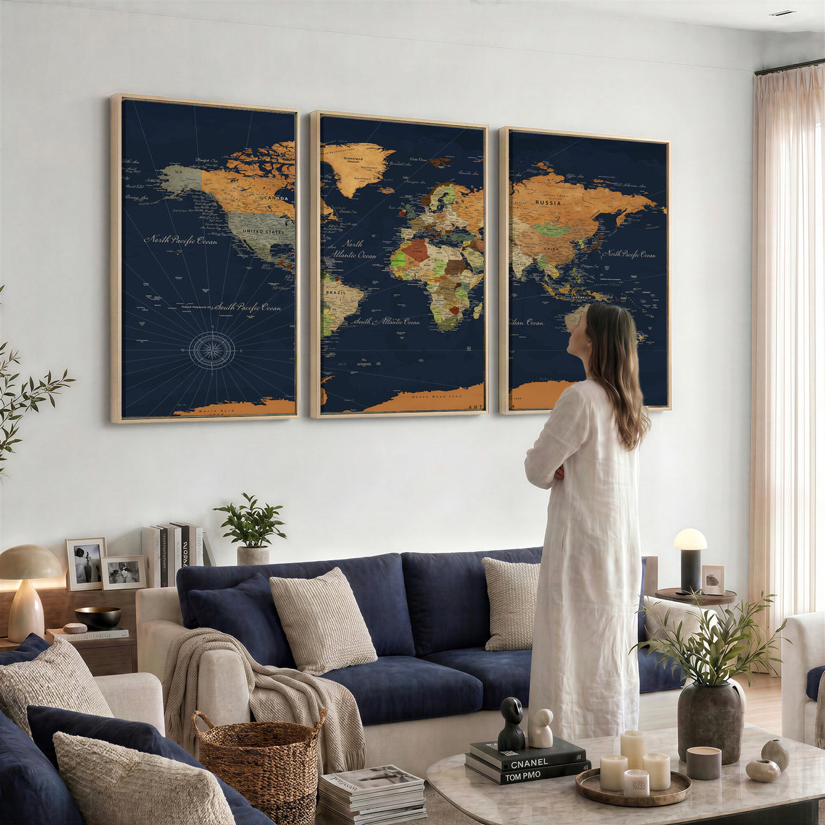 11715182-MGV-CV-36X24 - Modern World Map Canvas Print, Framed Detailed Map of the World Wall Art