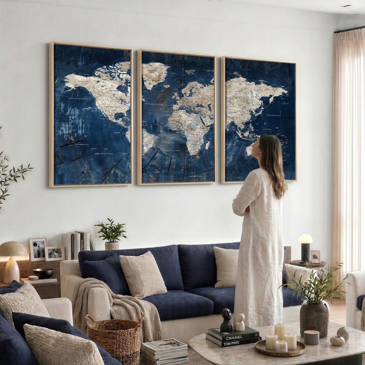 56126010-MGV-CV-36X24 - Large Blue World Map Wall Art Canvas Print for Home Office