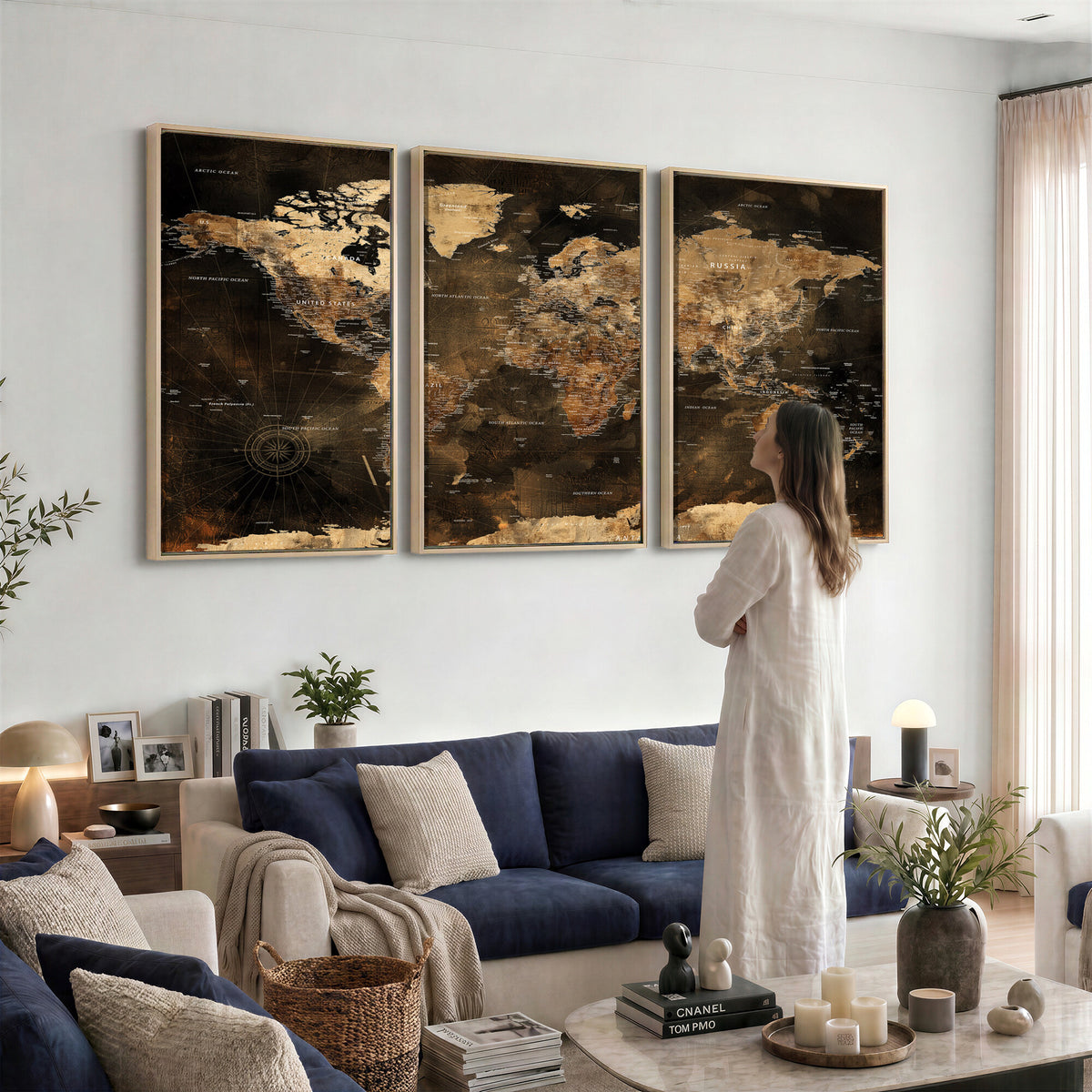 97742922-MGV-CV-36X24 - World Map Canvas Print, Modern Decorative Framed Map Artwork