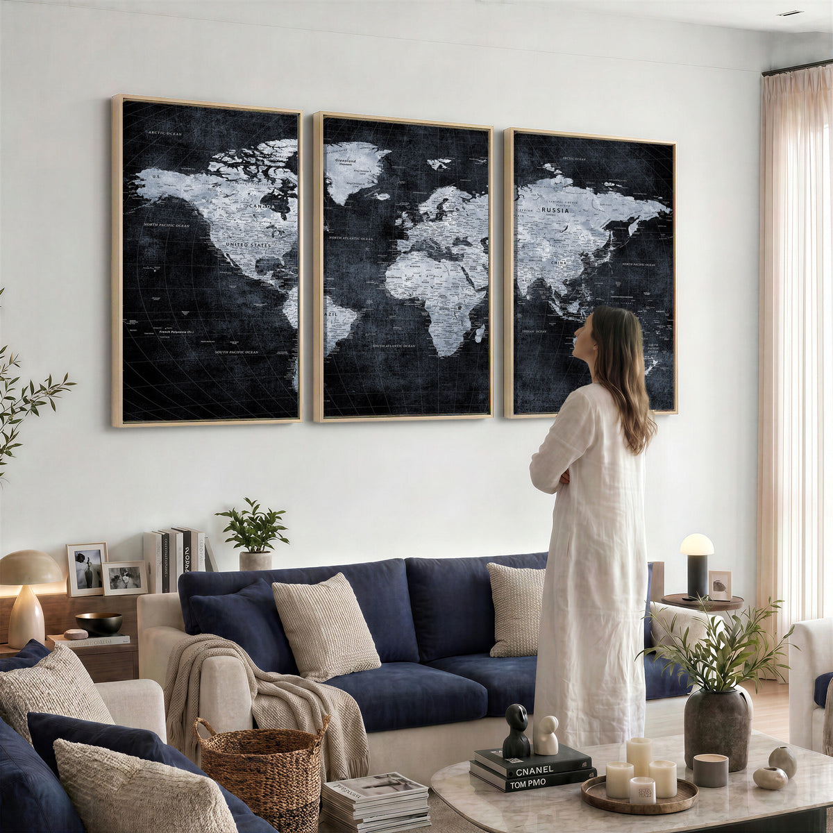 86893704-MGV-CV-36X24 - Black World Map Canvas Print | Detailed Map for Couples and Anniversary Gift