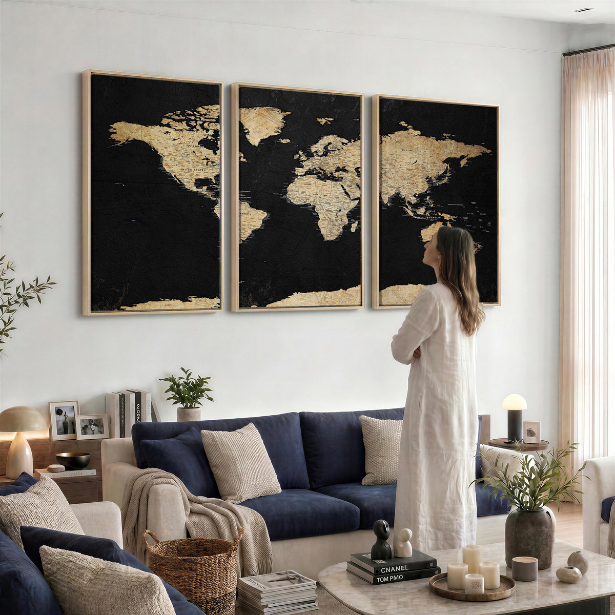 71518849-MGV-CV-36X24 - Beige World Map Canvas Wall Art Print, Minimal Black and