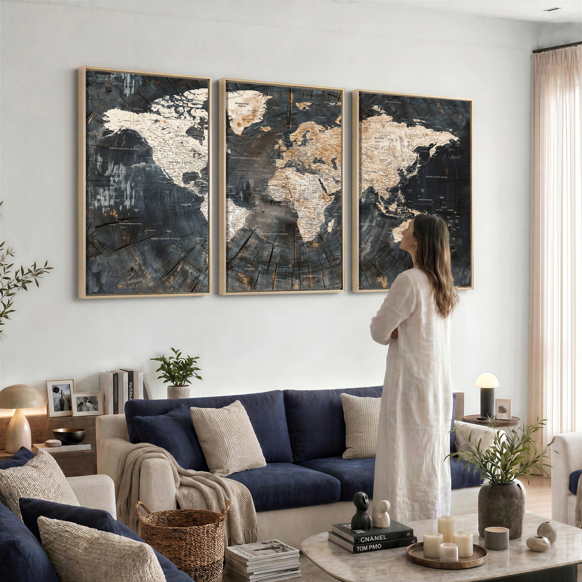 89162112-MGV-CV-36X24 - World Map Wall Art Canvas Print, Modern Decorative Framed Map Artwork Prints for Living Room, Office, Bedroom Wall Decor