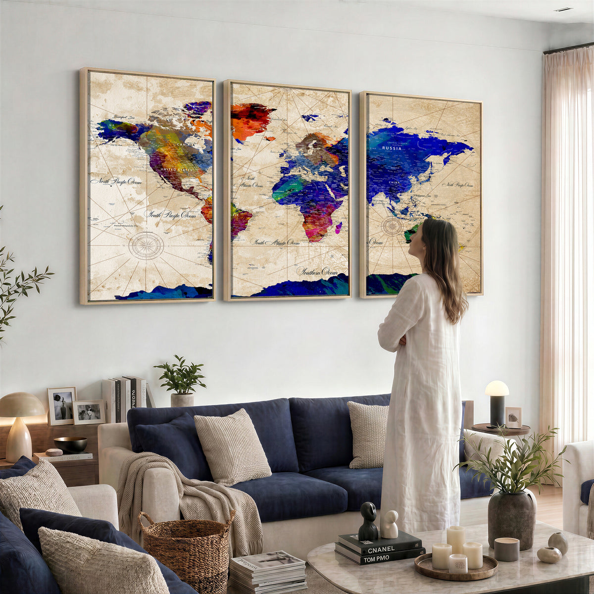26284075-MGV-CV-36X24 - World Map Wall Art Canvas Print, Modern Decorative Framed Map Artwork Prints for Living Room, Office, Bedroom Wall Decor