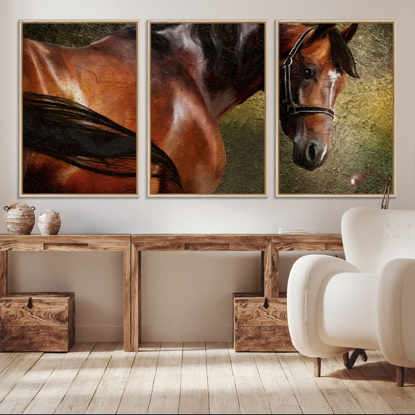 76810-MGV-FC-60X30-3P_Natural-Majestic Brown Horse Wall Art Canvas Print – Framed Equestrian Artwork with Elegant Stallion Artwork for Home or Office Decor