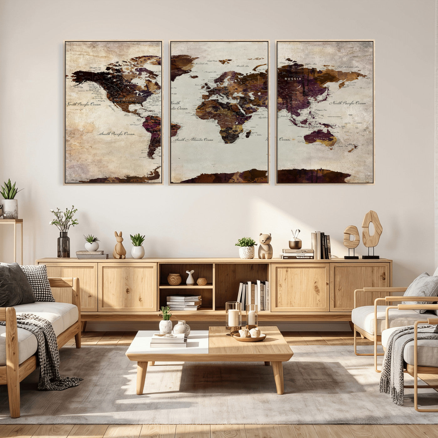 50611123-MGV-CV-36X24 - World Map Canvas Triptych – Colorful Global Wall Art for Living Rooms, Offices, and Study Spaces