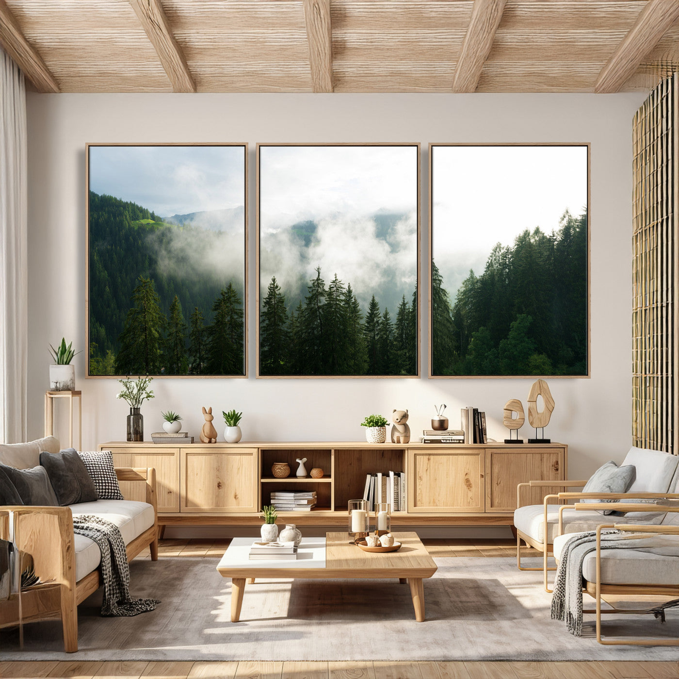 67174129-MGV-CV-36X24 - Misty Mountain Forest Canvas Print, Foggy Pine Trees Nature Wall Art, Framed Canvas Ready to Hang