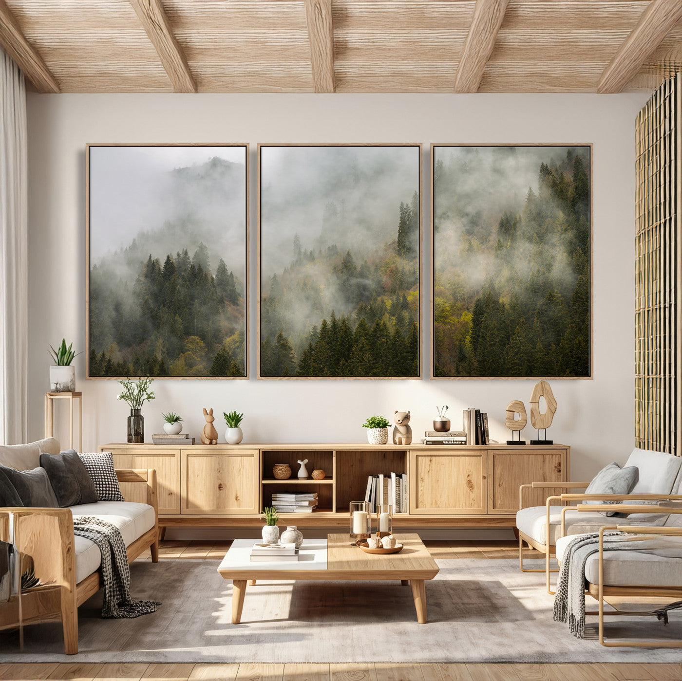 31152954-MGV-CV-36X24 - Misty Mountain Forest Canvas Print, Foggy Pine Trees Nature Wall Art, Framed Canvas Ready to Hang