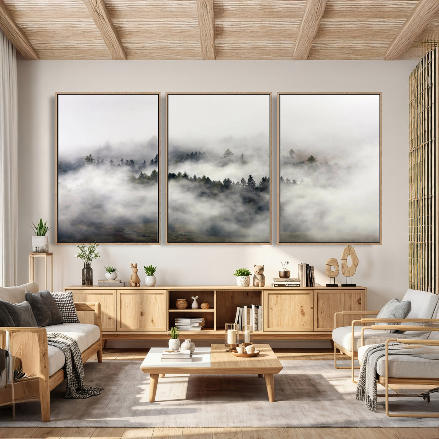 63235457-MGV-CV-36X24 - Foggy Forest Wall Art Canvas Print, Misty Pine Tree Landscape Wall Art Print, Framed Wall Art Ready to Hang