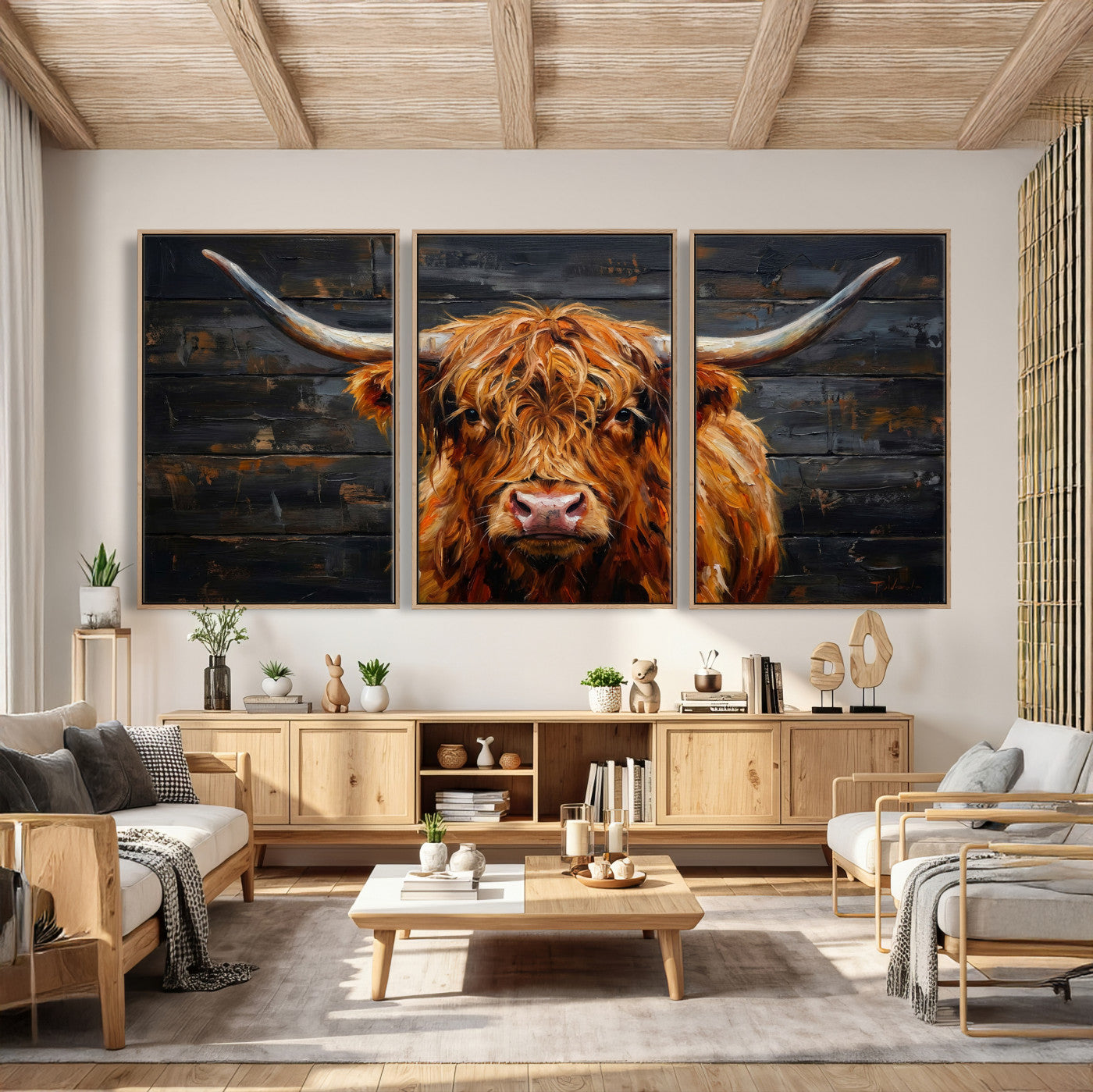 32536611-MGV-CV-36X24 - Highland Cow Wall Art Canvas Print, Rustic Farm Animal Painting, Framed Wall Art Ready to Hang