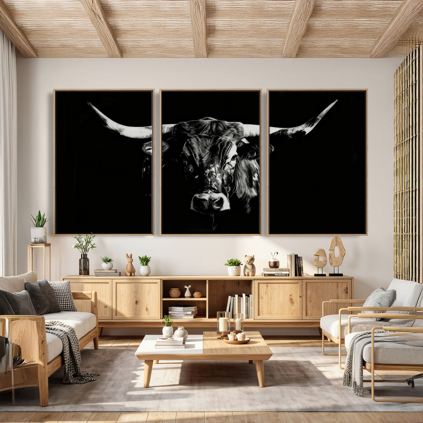 21436434-MGV-CV-36X24 - Black Bull Wall Art Canvas Print, Dark Longhorn Portrait Photography, Framed Wall Art Ready to Hang