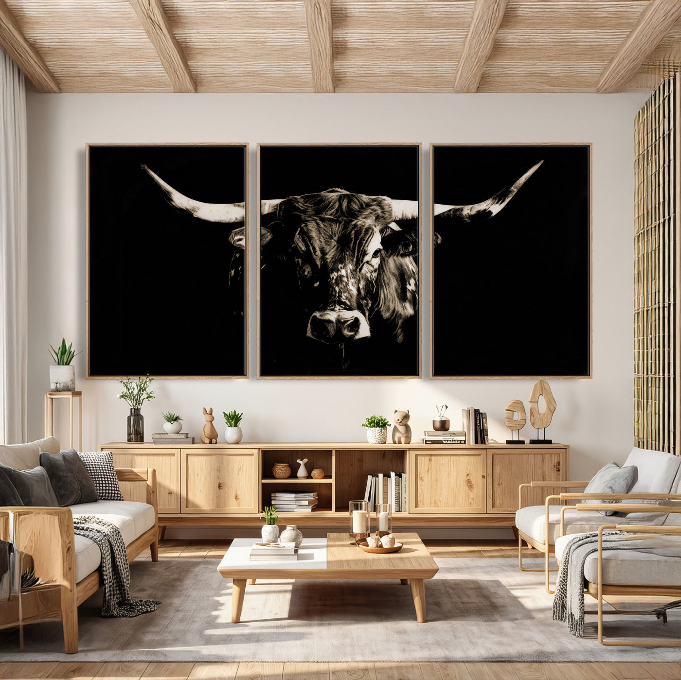 75774468-MGV-CV-36X24 - Black Bull Wall Art Canvas Print, Dark Longhorn Portrait Photography, Framed Wall Art Ready to Hang