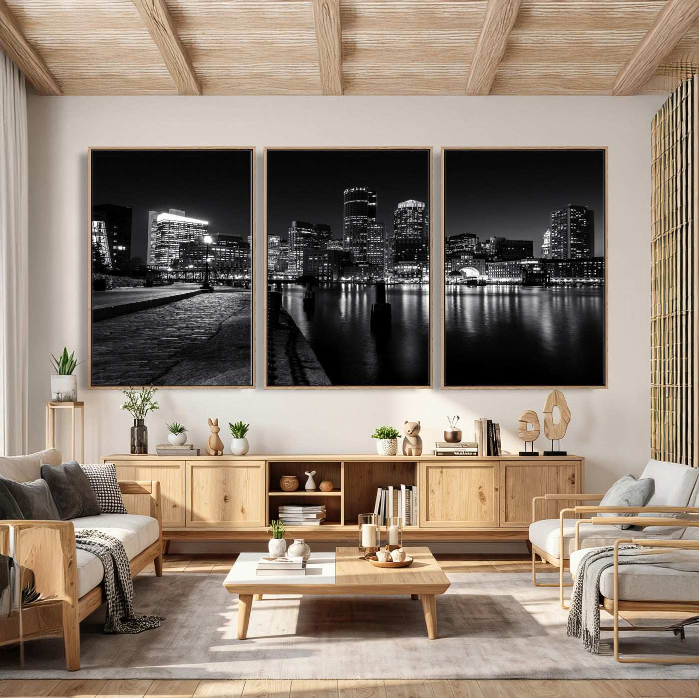 53082656-MGV-CV-36X24 - Boston Wall Art Canvas Print, Boston City Downtown Night Cityscape Print for Modern Urban Wall Decor